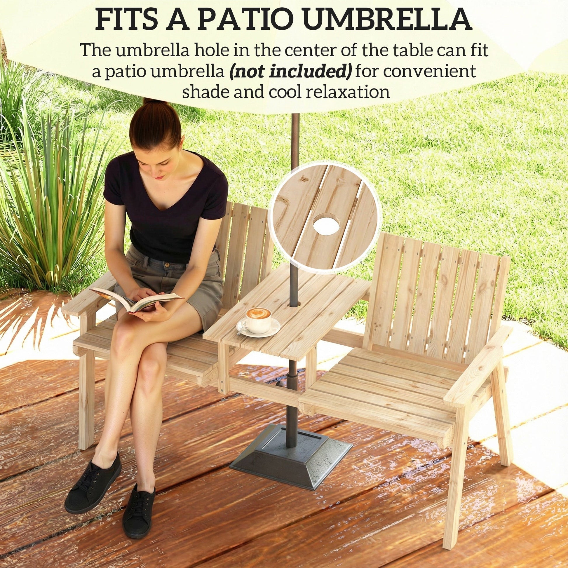 Wooden Garden Loveseat, 2-Seater Garden Chair with Table & Parasol Hole, Outdoor Bench for Porch, Patio, Natural Wood Finish