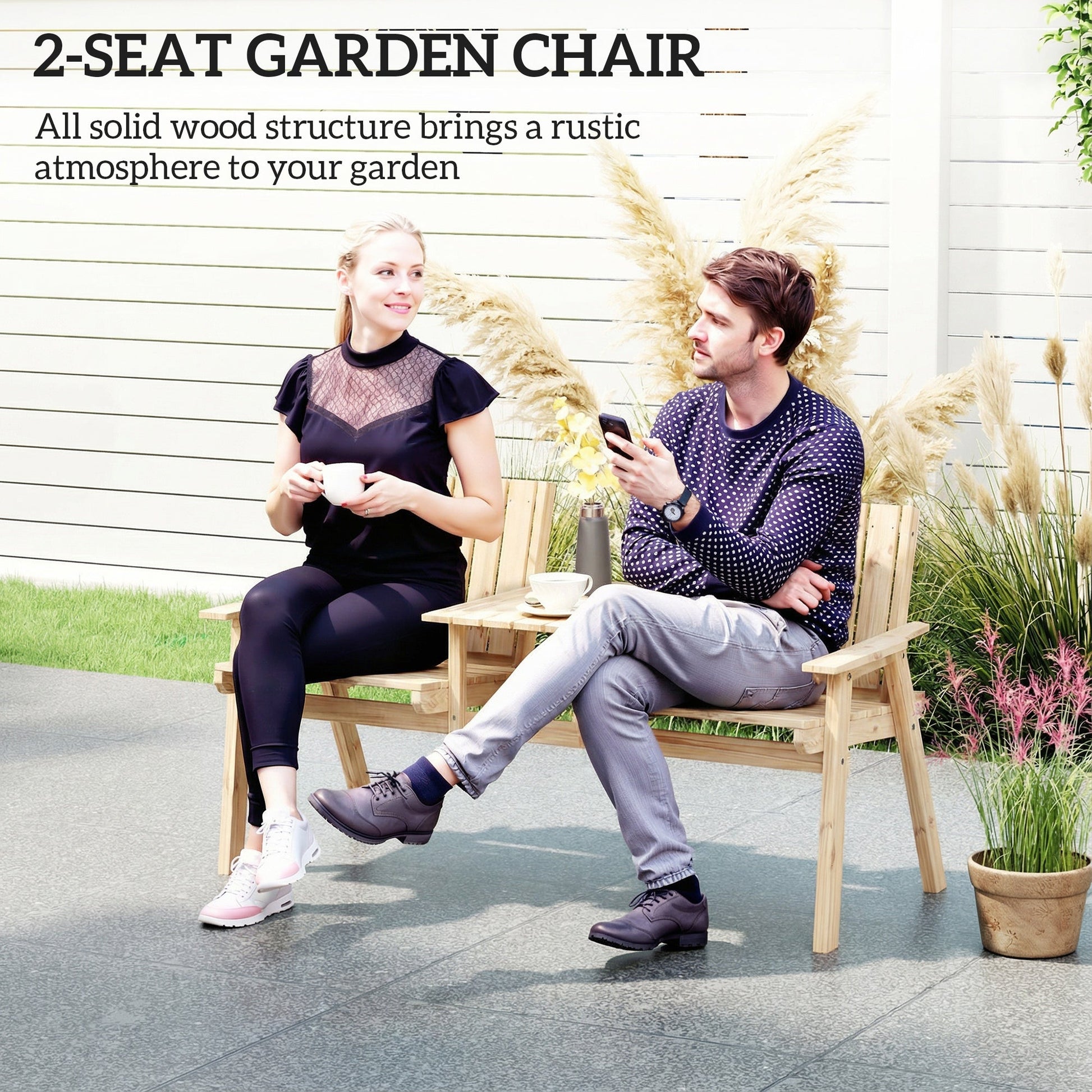 Wooden Garden Loveseat, 2-Seater Garden Chair with Table & Parasol Hole, Outdoor Bench for Porch, Patio, Natural Wood Finish