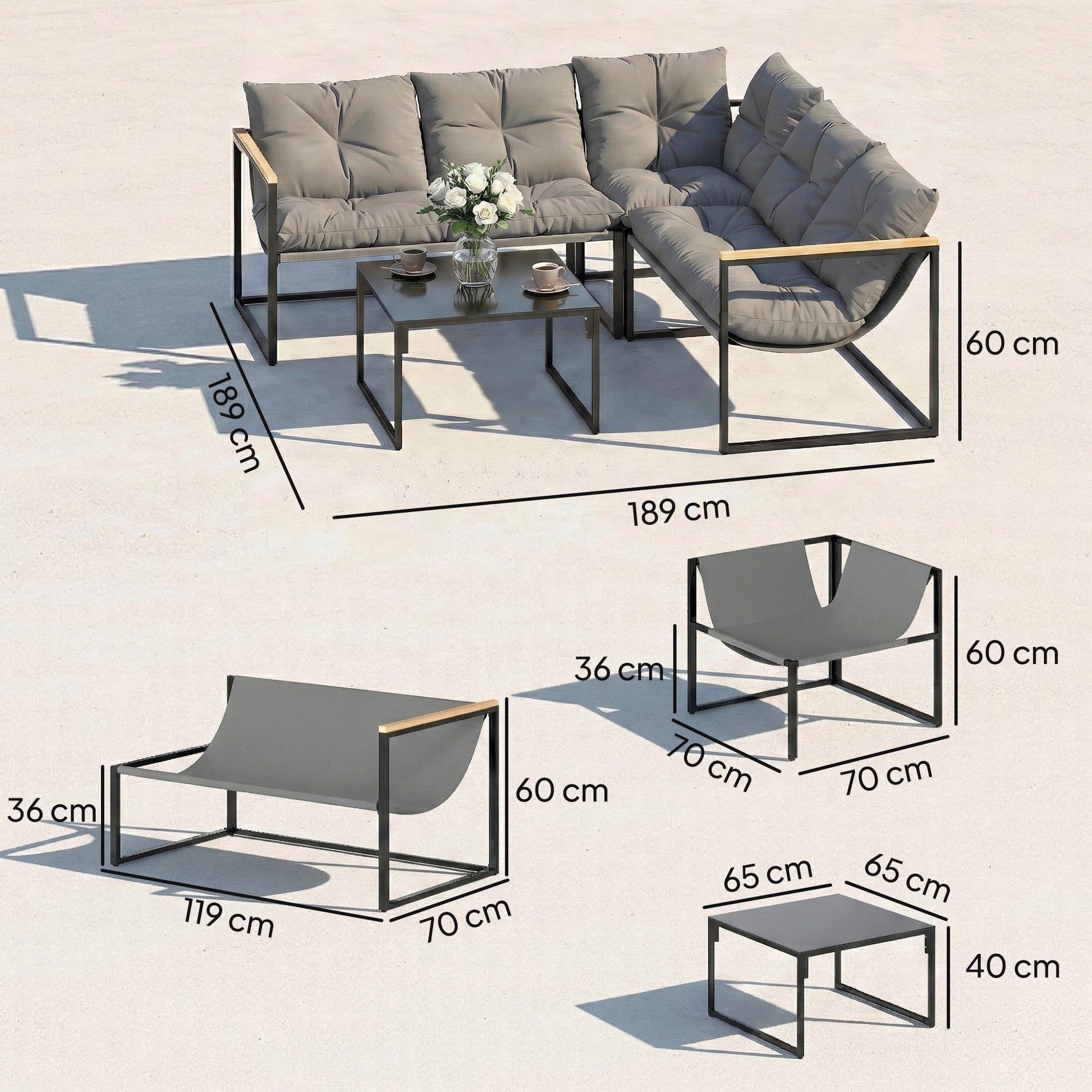 4 Piece Garden Furniture Set, Garden Table and Chairs with Thick Cushions, Patio Conversation Set with Coffee Table for Porch, Balcony, Deck, Grey