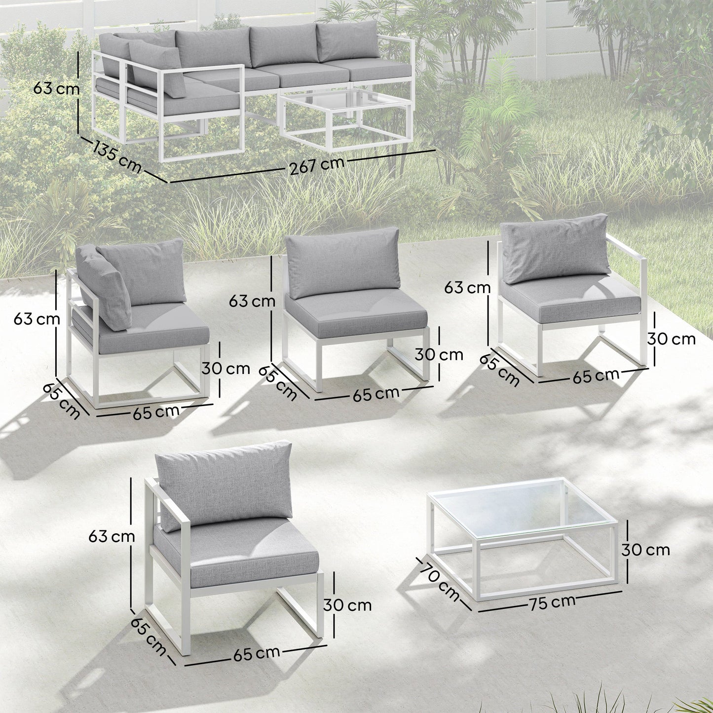 6 Seater Aluminium Garden Furniture Set, Extra Deep Garden Sofa Set with Coffee Table and Thick Cushions, Furniture Conversation Sets for Patio and Balcony, Outdoor, Light Grey
