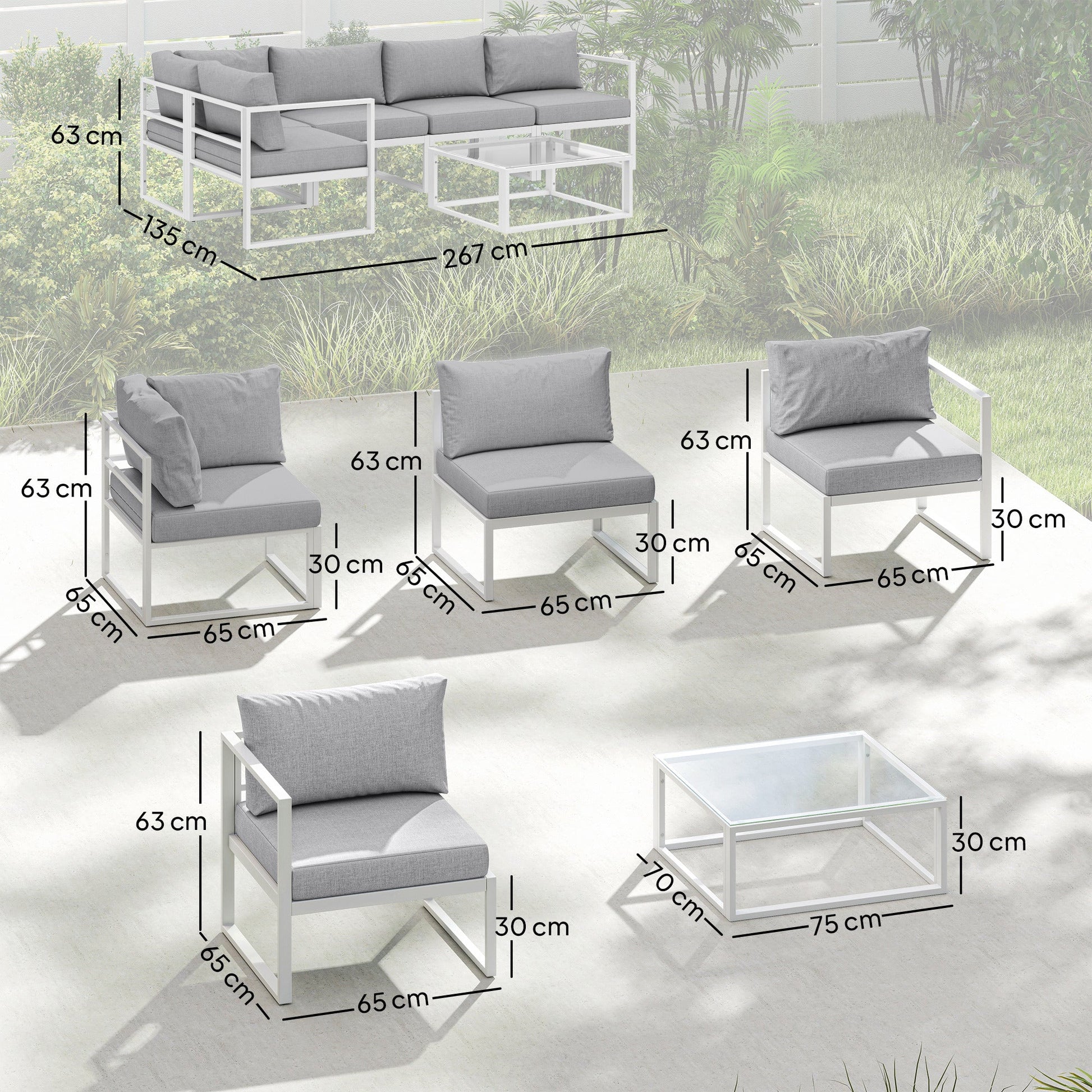 6 Seater Aluminium Garden Furniture Set, Extra Deep Garden Sofa Set with Coffee Table and Thick Cushions, Furniture Conversation Sets for Patio and Balcony, Outdoor, Light Grey