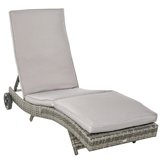 Outdoor PE Rattan Sun Lounger, Wicker Garden Lounger with Cushion, 5-Level Adjustable Backrest, Rolling Sunbed with Wheels for Patio Beach, Grey