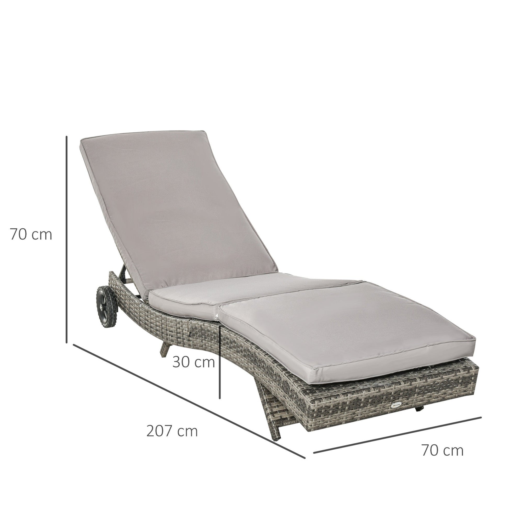 Outdoor PE Rattan Sun Lounger, Wicker Garden Lounger with Cushion, 5-Level Adjustable Backrest, Rolling Sunbed with Wheels for Patio Beach, Grey