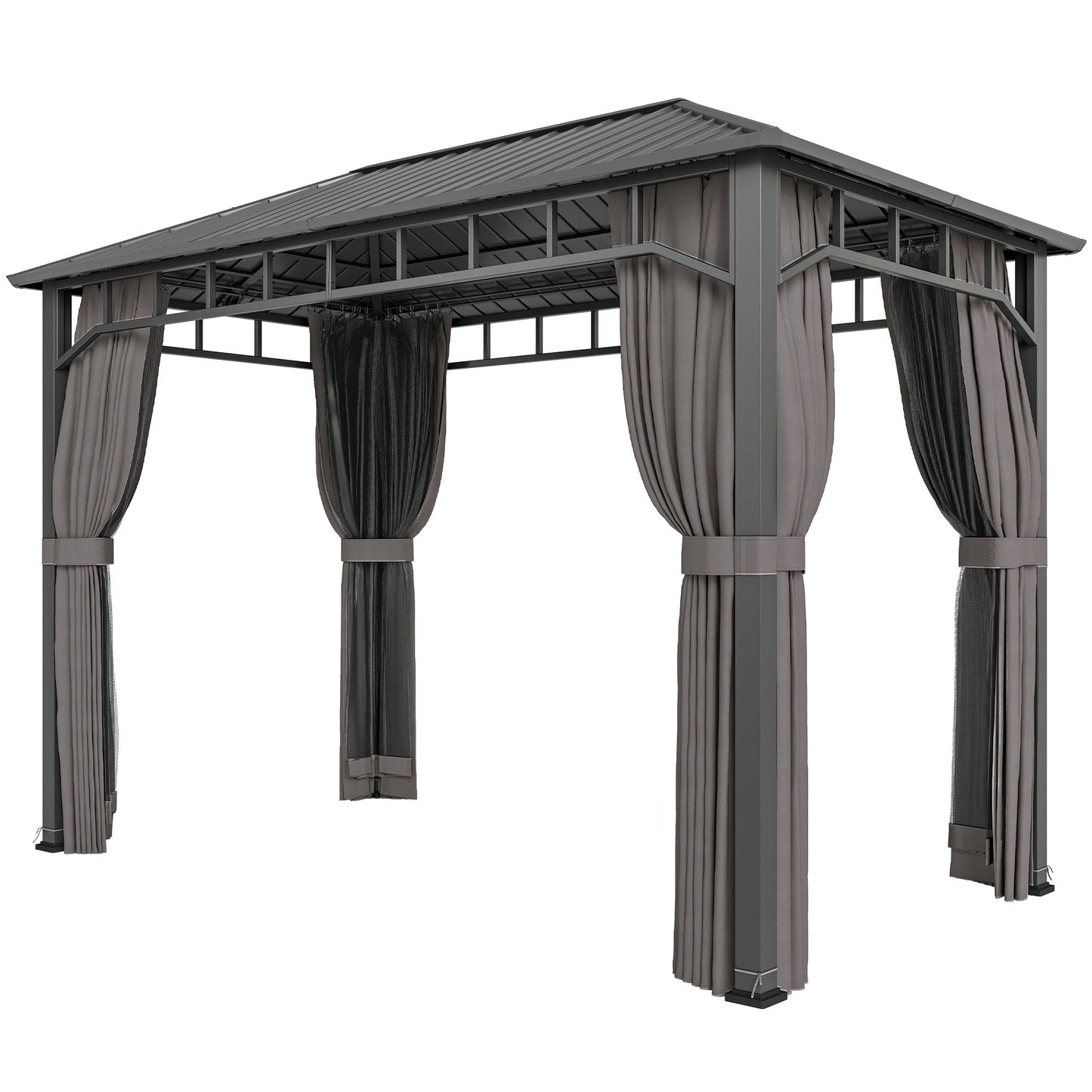 2 x 3.5 m Hardtop Gazebo with Galvanised Steel Roof, Waterproof Permanent Pavilion Garden Gazebo with Netting and Curtains for Patio, Deck, Dark Grey