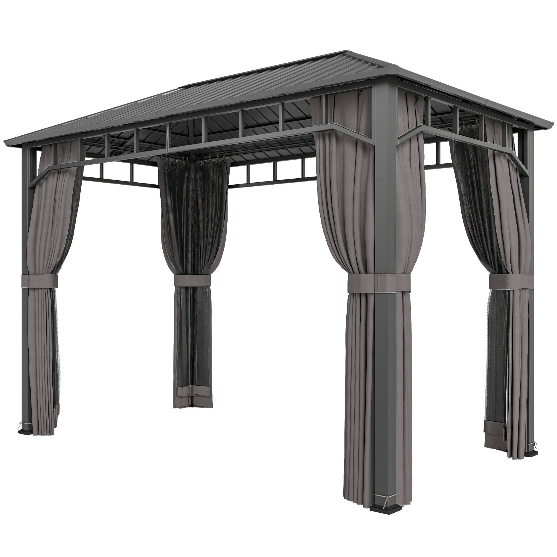 2 x 3.5 m Hardtop Gazebo with Galvanised Steel Roof, Waterproof Permanent Pavilion Garden Gazebo with Netting and Curtains for Patio, Deck, Dark Grey
