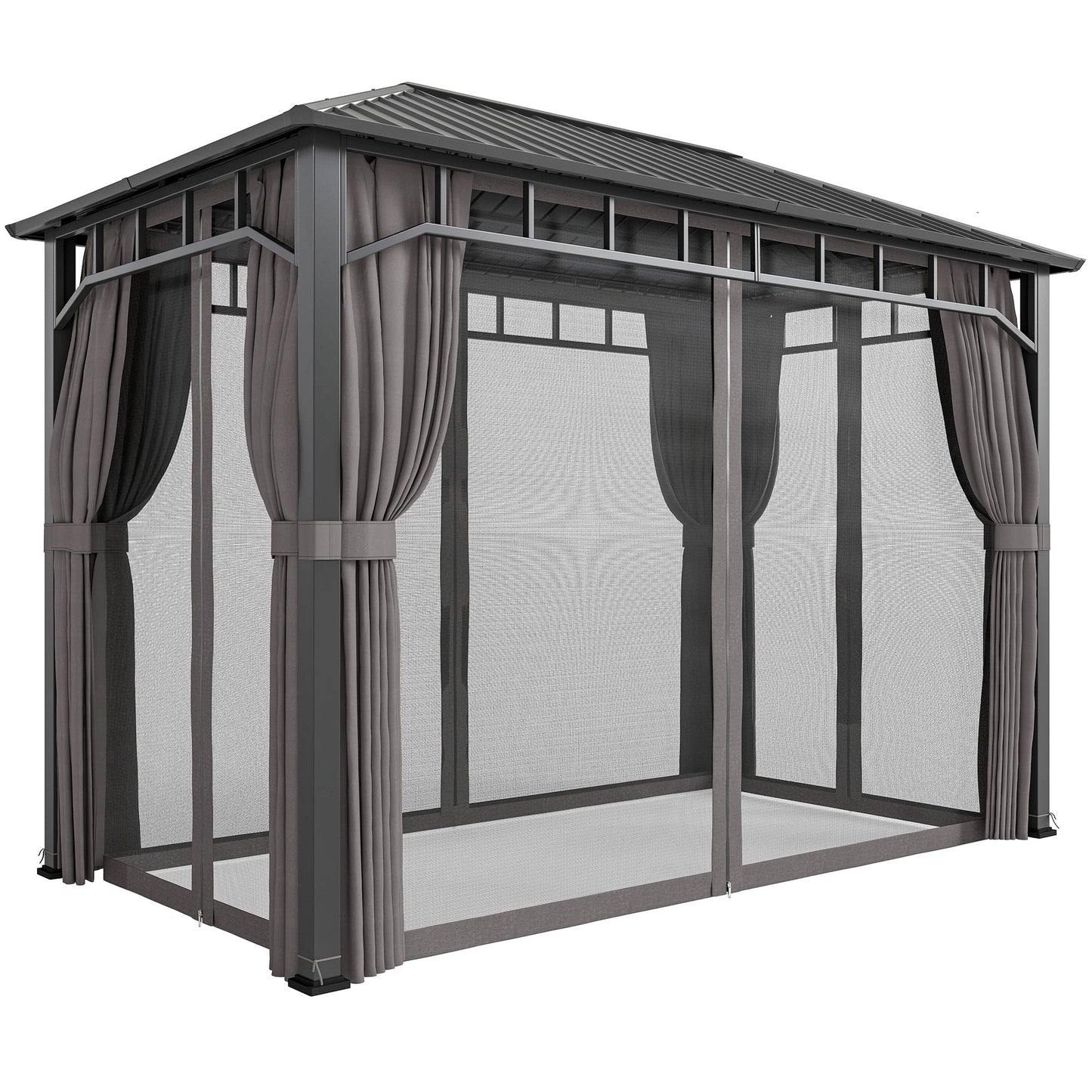 2 x 3.5 m Hardtop Gazebo with Galvanised Steel Roof, Waterproof Permanent Pavilion Garden Gazebo with Netting and Curtains for Patio, Deck, Dark Grey