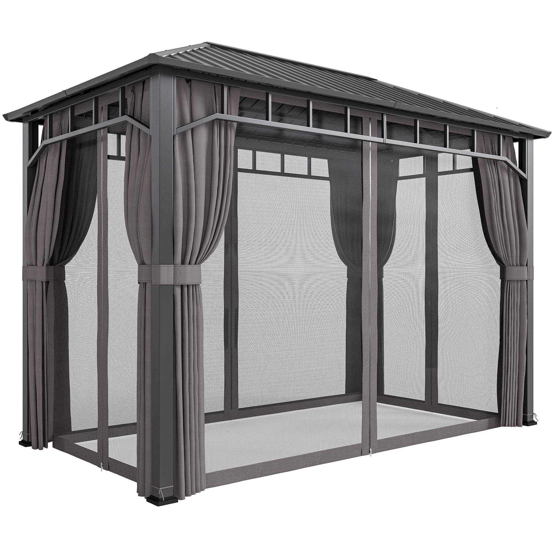 2 x 3.5 m Hardtop Gazebo with Galvanised Steel Roof, Waterproof Permanent Pavilion Garden Gazebo with Netting and Curtains for Patio, Deck, Dark Grey