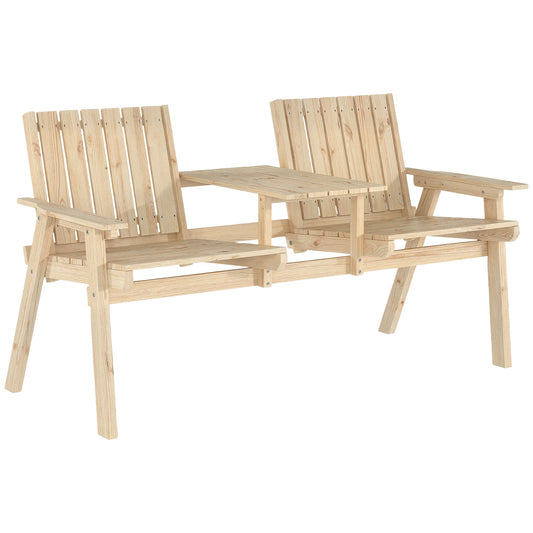 Wooden Garden Loveseat, 2-Seater Garden Chair with Table & Parasol Hole, Outdoor Bench for Porch, Patio, Natural Wood Finish