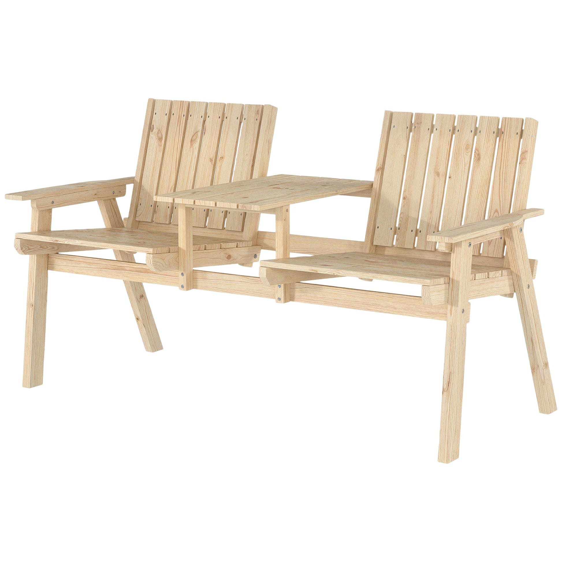 Wooden Garden Loveseat, 2-Seater Garden Chair with Table & Parasol Hole, Outdoor Bench for Porch, Patio, Natural Wood Finish