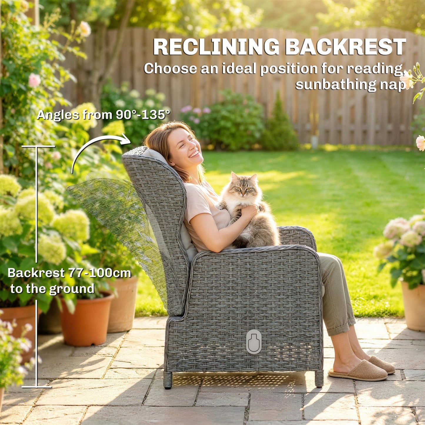 5 Piece Garden Furniture Set, Rattan Reclining Garden Chair Set of 2 with Glass-Top Coffee Table, Footstool and Thickness Cushion for Balcony, Patio, Cream White