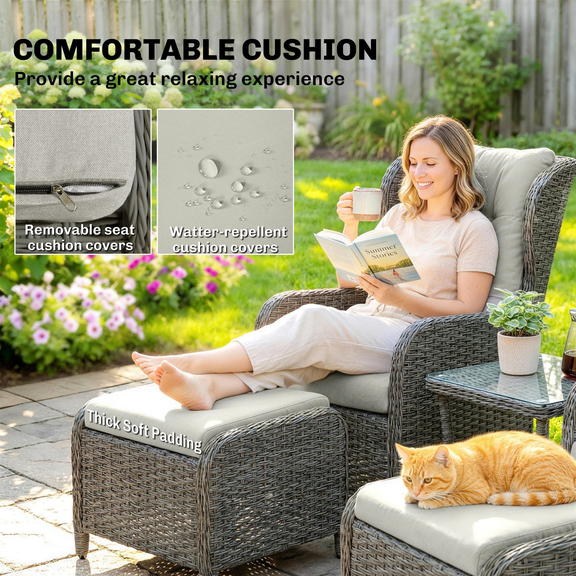 5 Piece Garden Furniture Set, Rattan Reclining Garden Chair Set of 2 with Glass-Top Coffee Table, Footstool and Thickness Cushion for Balcony, Patio, Cream White