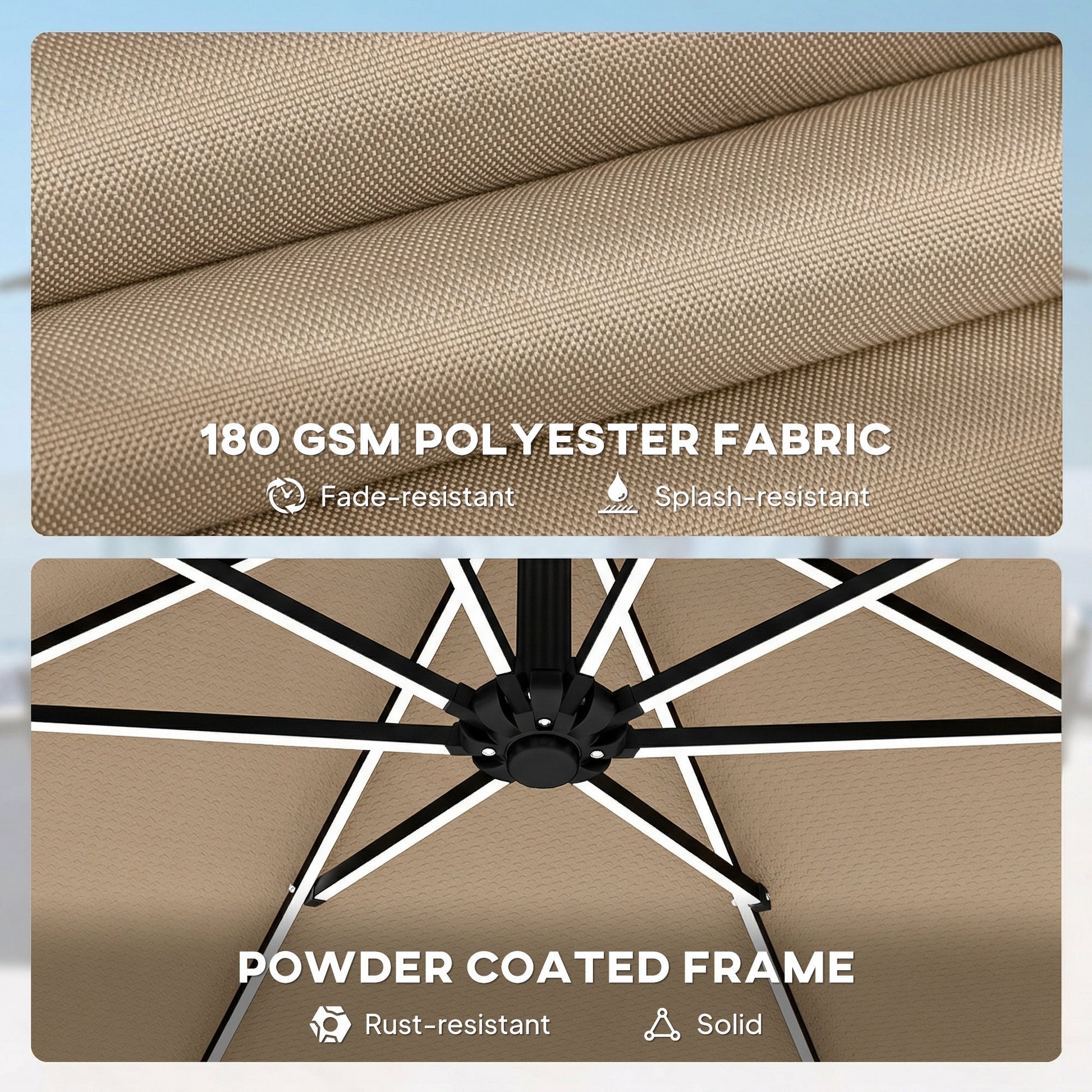 3 m Garden Cantilever Parasol with LED Solar Light, Round Overhanging Umbrella with 6-Position 360° Rotation, Crank Handle, Tilt, Cover, Banana Patio Umbrella for Outdoor Sun Shade, Khaki