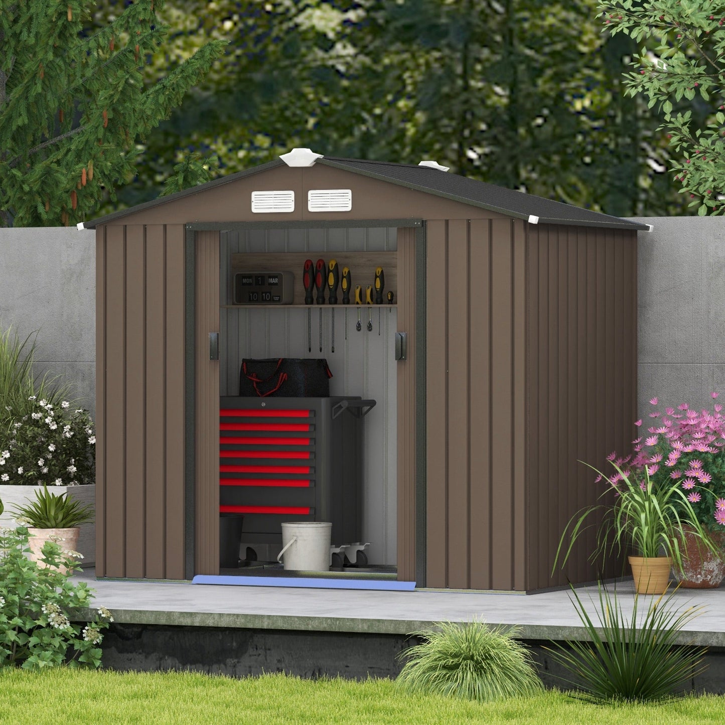 7 x 4ft Metal Garden Shed, Outdoor Storage Tool House with Ventilation Slots, Foundation Kit and Lockable Double Doors, Brown