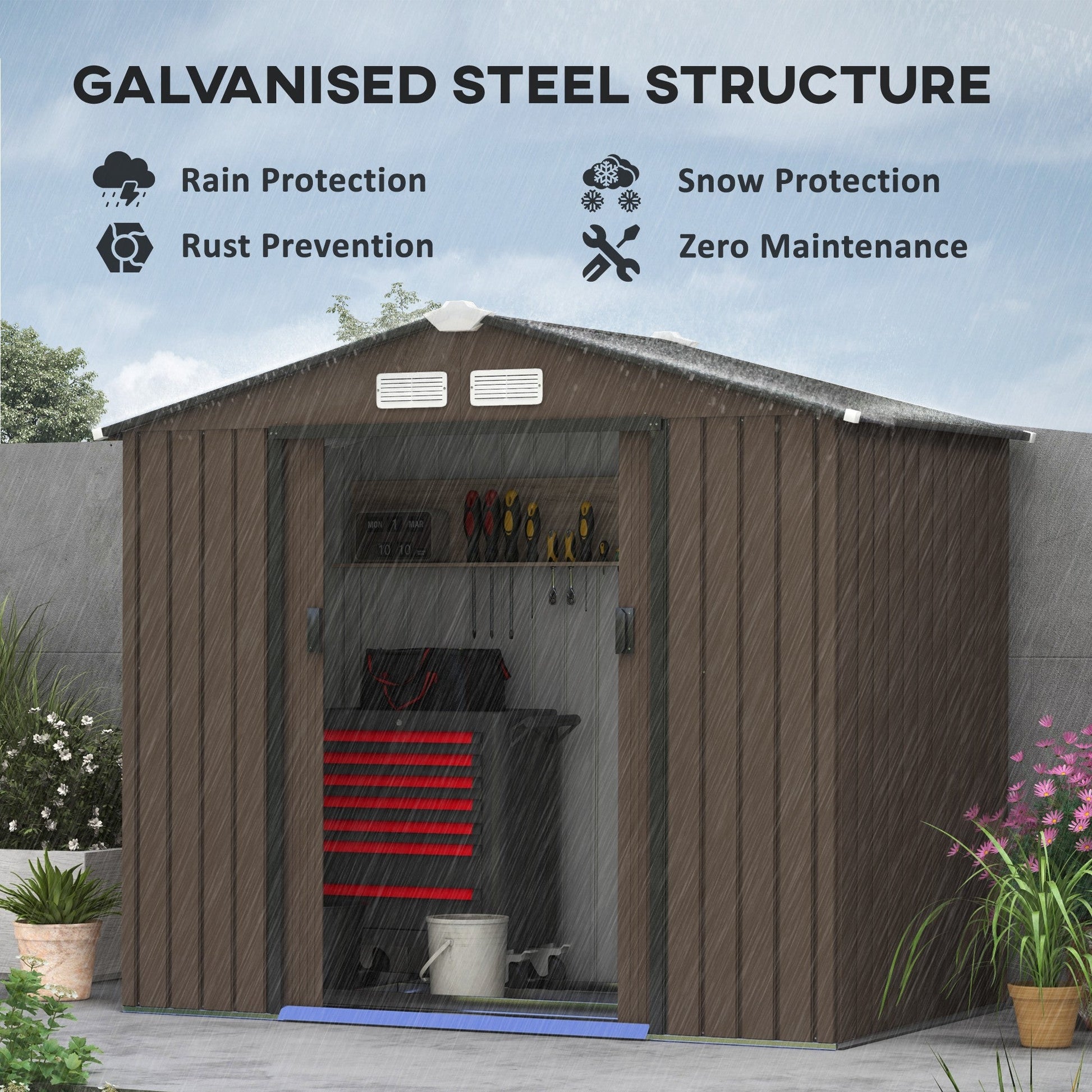 7 x 4ft Metal Garden Shed, Outdoor Storage Tool House with Ventilation Slots, Foundation Kit and Lockable Double Doors, Brown