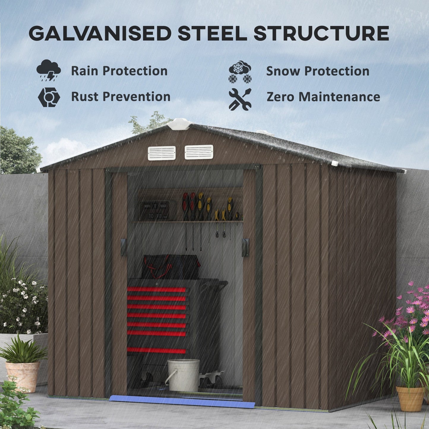 7 x 4ft Metal Garden Shed, Outdoor Storage Tool House with Ventilation Slots, Foundation Kit and Lockable Double Doors, Brown