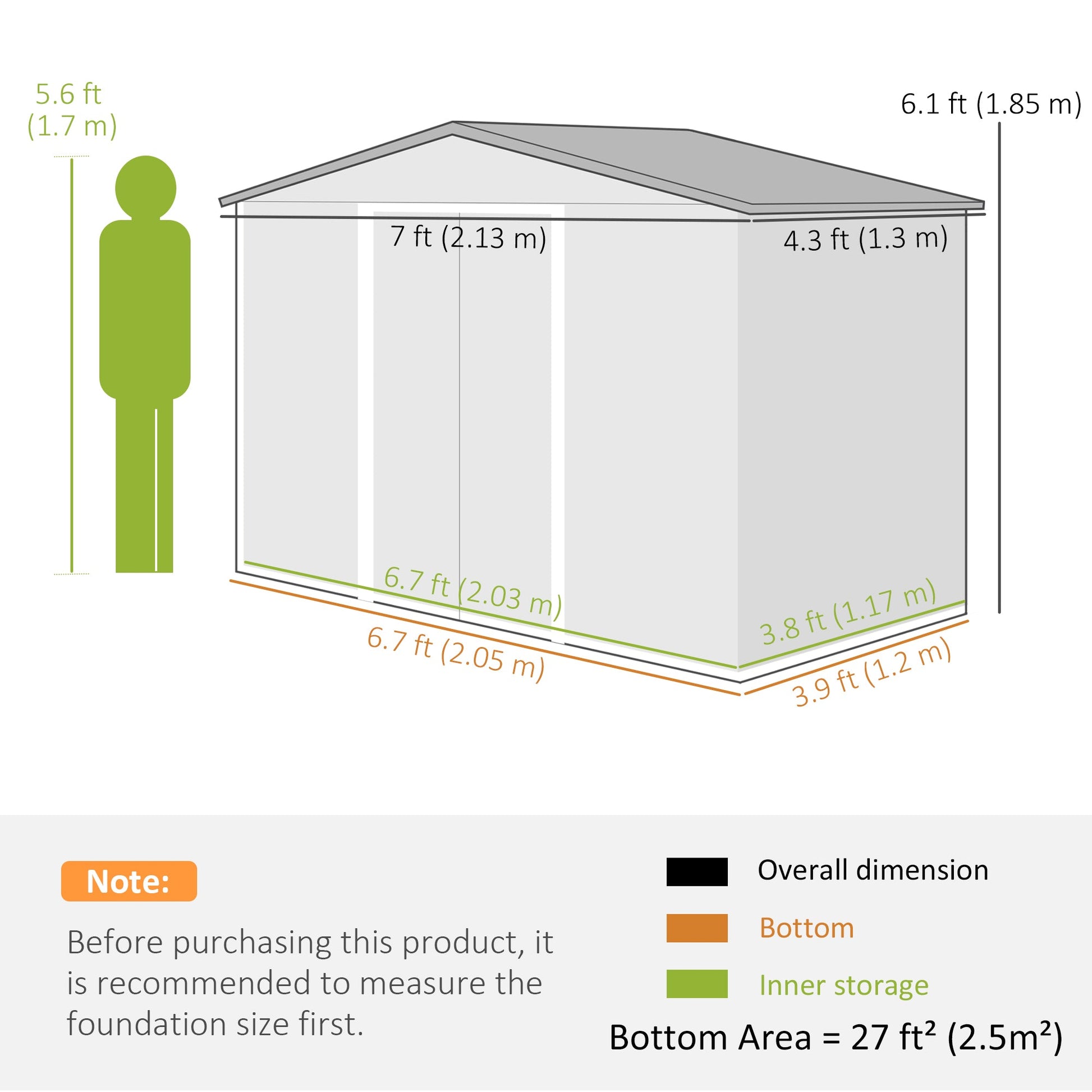 7 x 4ft Metal Garden Shed, Outdoor Storage Tool House with Ventilation Slots, Foundation Kit and Lockable Double Doors, Brown