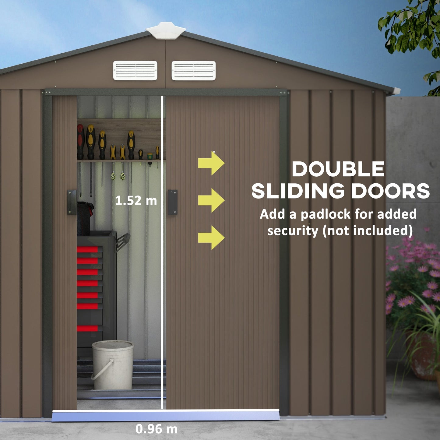 7 x 4ft Metal Garden Shed, Outdoor Storage Tool House with Ventilation Slots, Foundation Kit and Lockable Double Doors, Brown