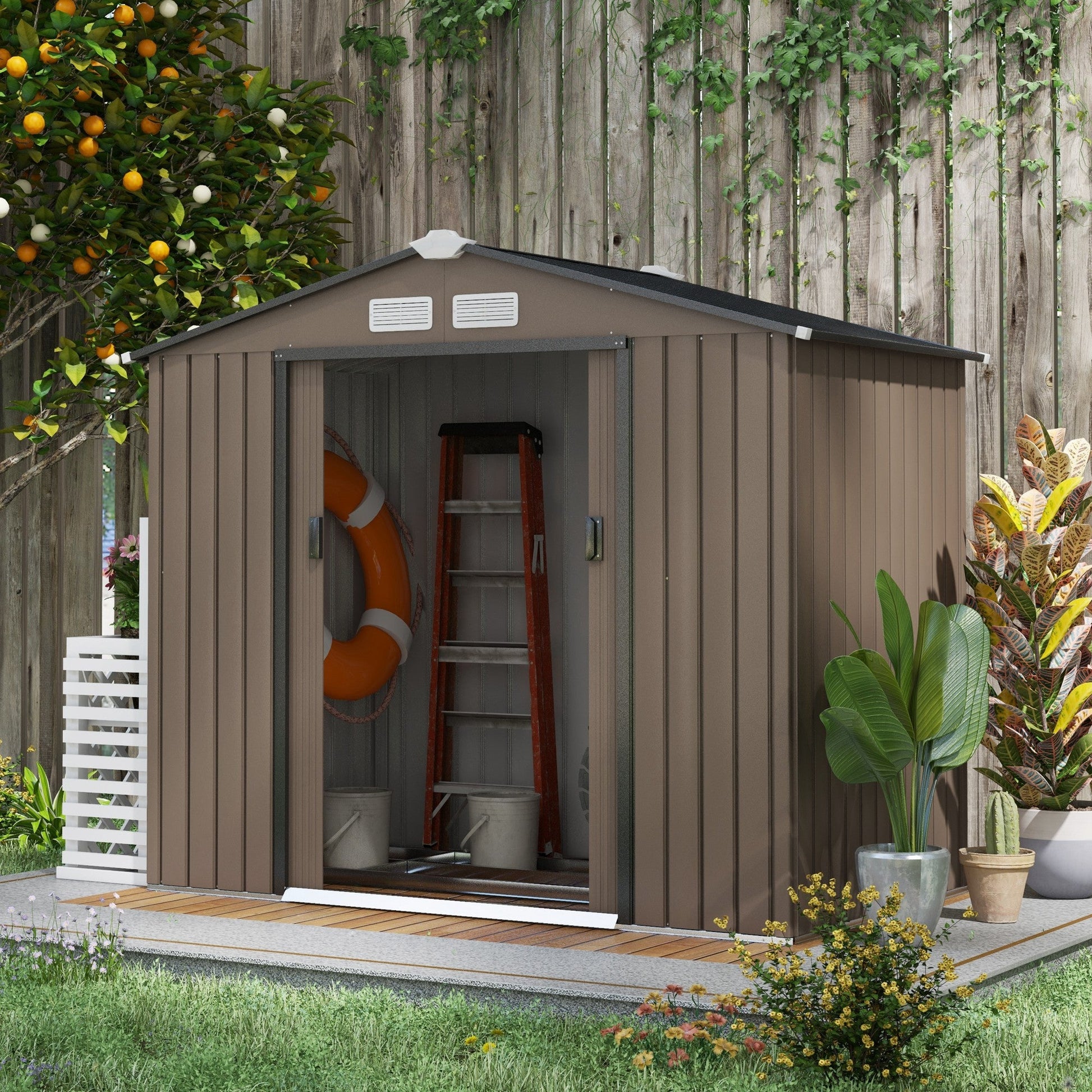 7 x 4ft Metal Garden Shed, Outdoor Storage Tool House with Ventilation Slots, Foundation Kit and Lockable Double Doors, Brown