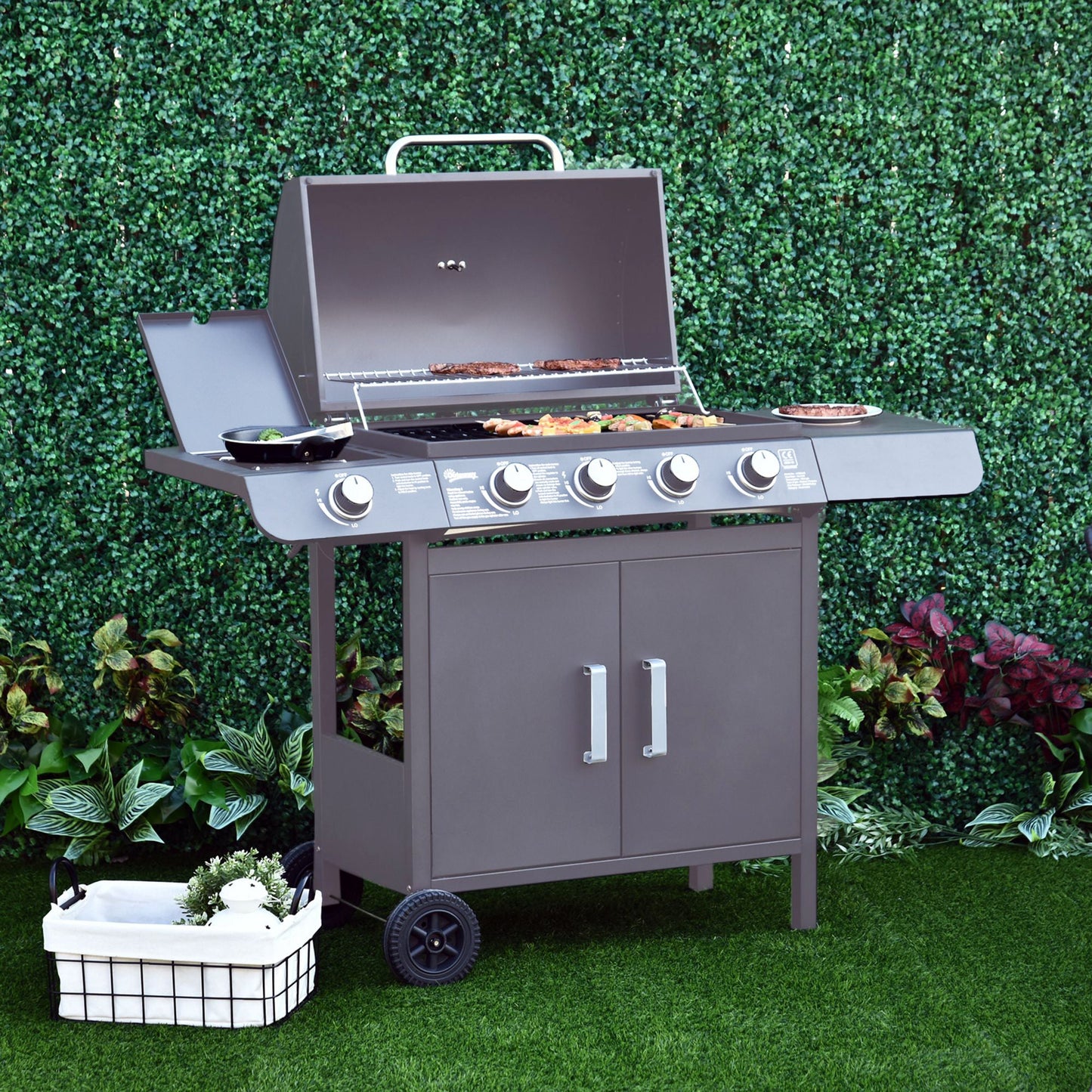 4+1 Burner Gas BBQ Grill, Outdoor Barbecue Trolley with Wheels, Warming Rack, Side Shelves, Cabinet, Thermometer for Garden, Party, Camping, 125 L x 51 W x 100 H cm, Grey