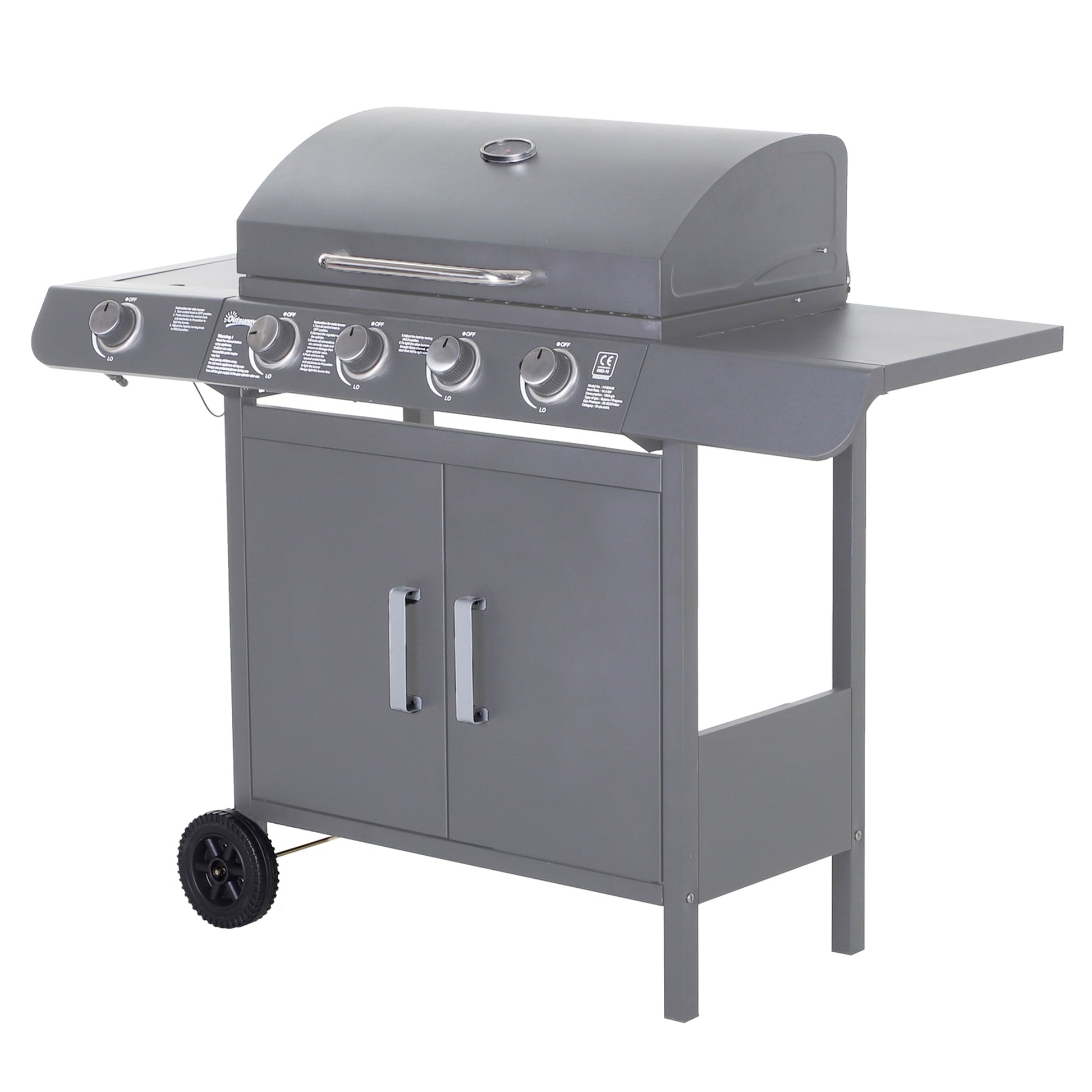 4+1 Burner Gas BBQ Grill, Outdoor Barbecue Trolley with Wheels, Warming Rack, Side Shelves, Cabinet, Thermometer for Garden, Party, Camping, 125 L x 51 W x 100 H cm, Grey