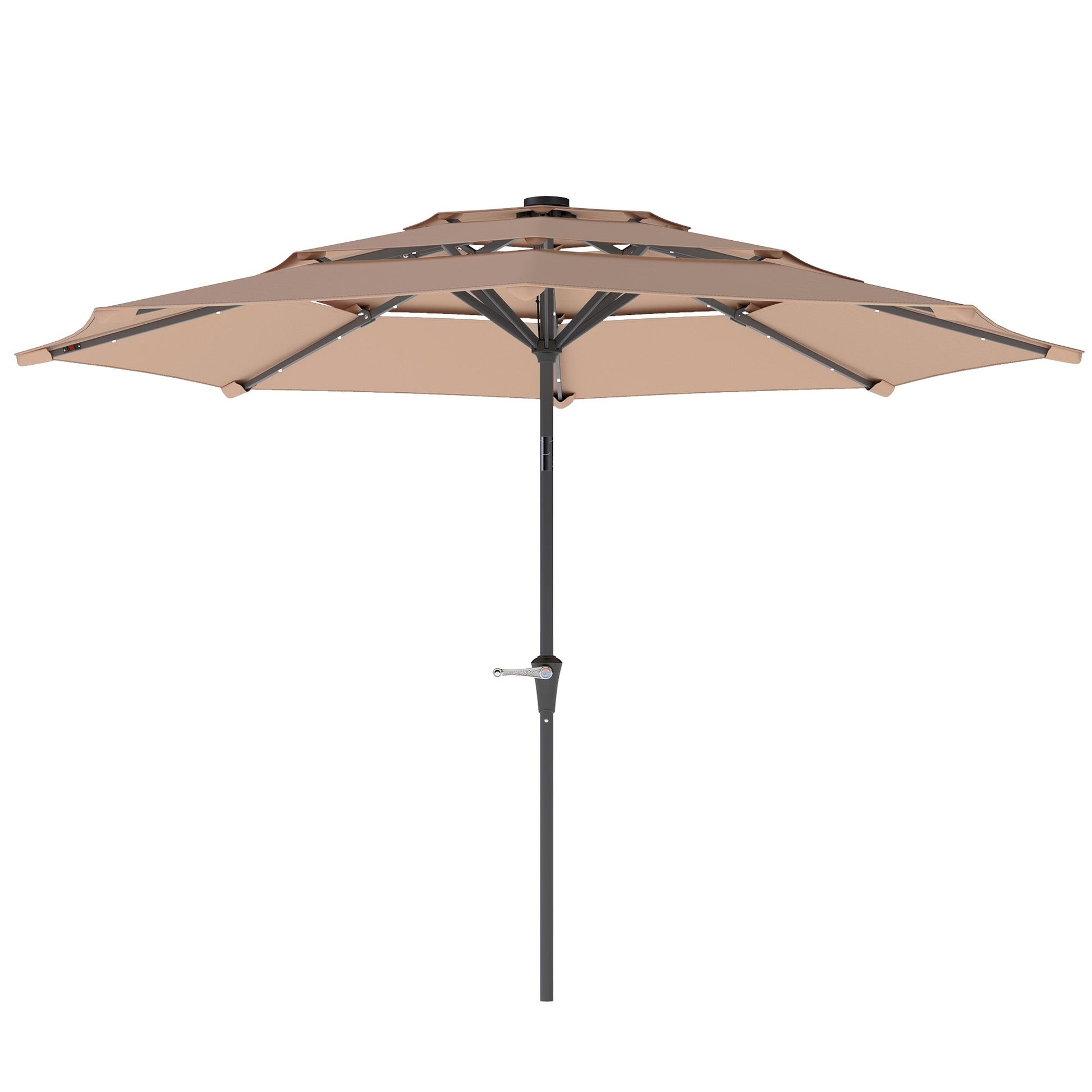 2.6 m Garden Parasol with Solar LED Lights, 3-Tier Patio Umbrella Outdoor with Tilt Mechanism & Crank Handle, UPF 30+, Table Umbrella for Market Terrace, Khaki