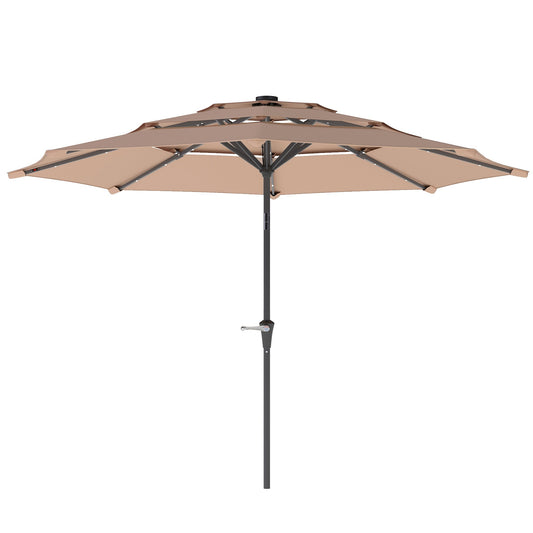 2.6 m Garden Parasol with Solar LED Lights, 3-Tier Patio Umbrella Outdoor with Tilt Mechanism & Crank Handle, UPF 30+, Table Umbrella for Market Terrace, Khaki