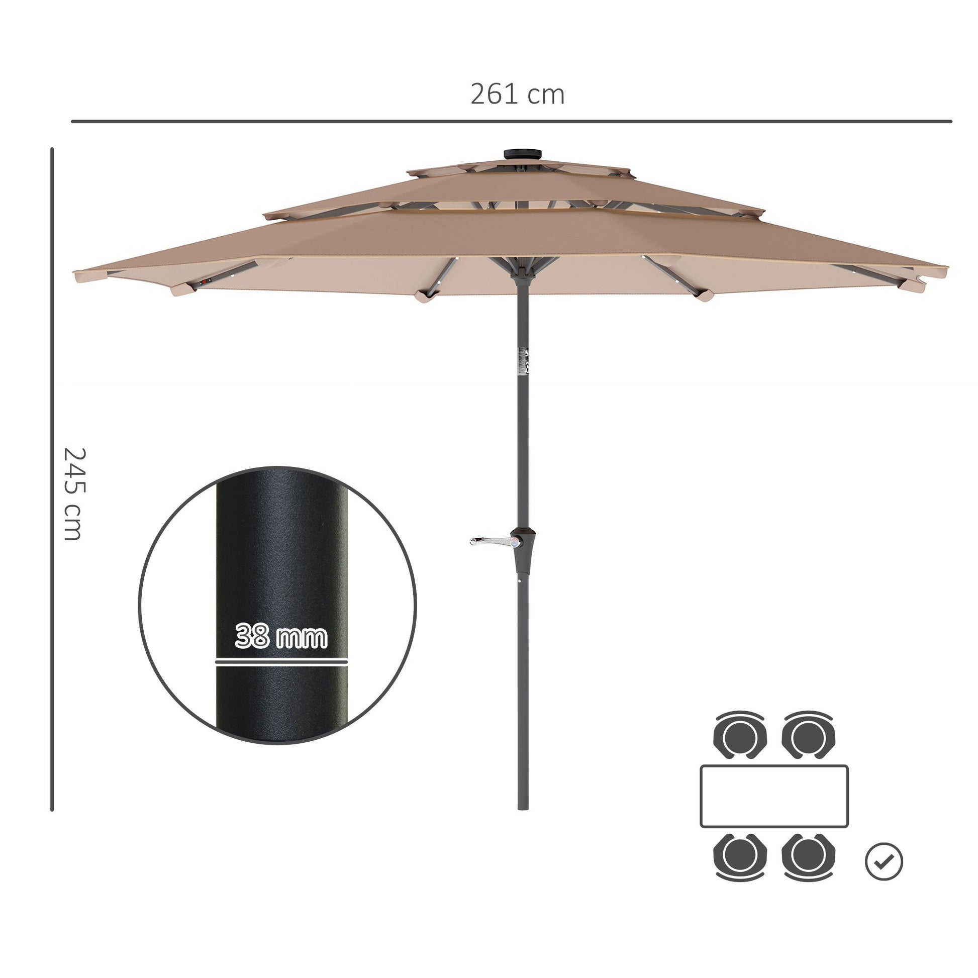 2.6 m Garden Parasol with Solar LED Lights, 3-Tier Patio Umbrella Outdoor with Tilt Mechanism & Crank Handle, UPF 30+, Table Umbrella for Market Terrace, Khaki