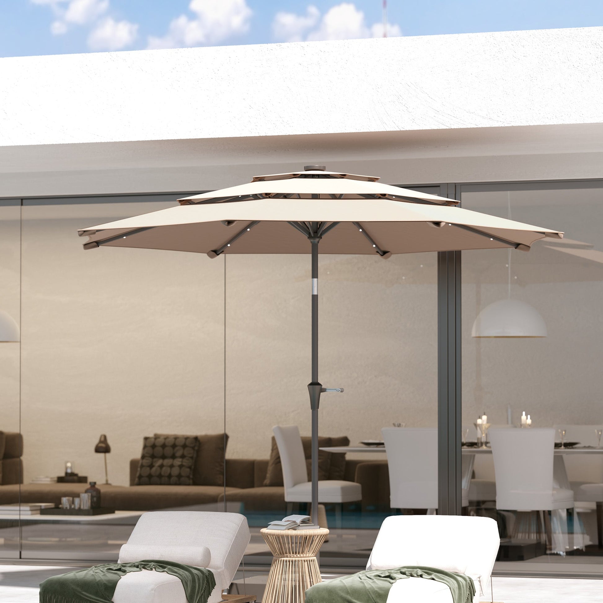2.6 m Garden Parasol with Solar LED Lights, 3-Tier Patio Umbrella Outdoor with Tilt Mechanism & Crank Handle, UPF 30+, Table Umbrella for Market Terrace, Khaki