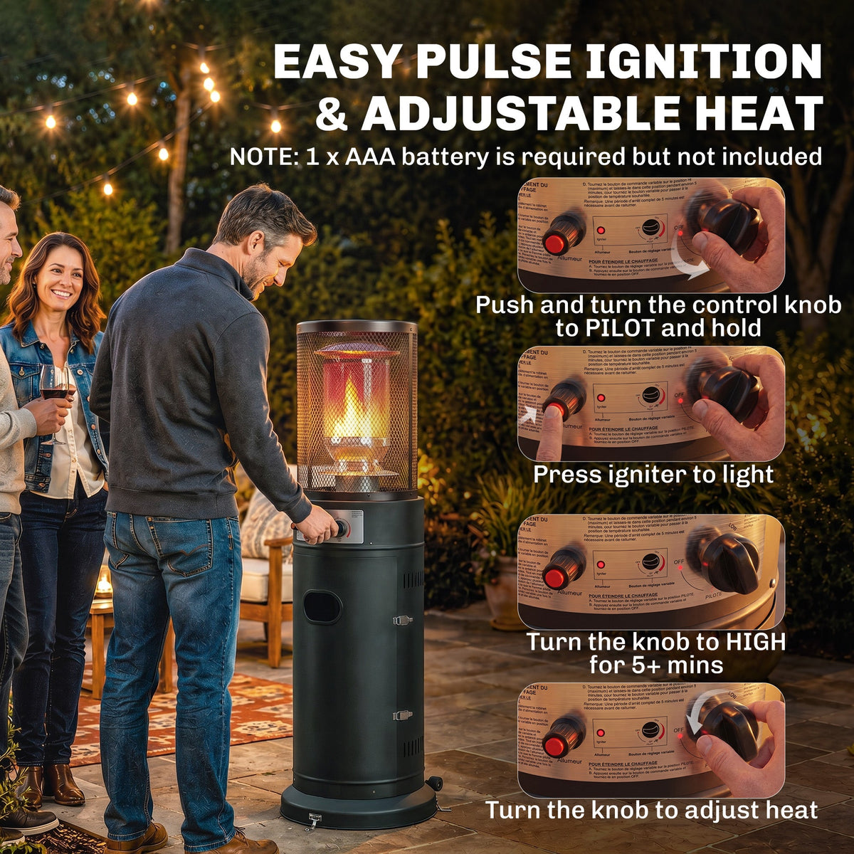 Gas Patio Heater, 11 kW Portable Propane Outdoor Heater with Stepless Heat Control, Pulse Ignition, Protective Mesh, Tip-over Protection, 2 Wheels for Garden, Black