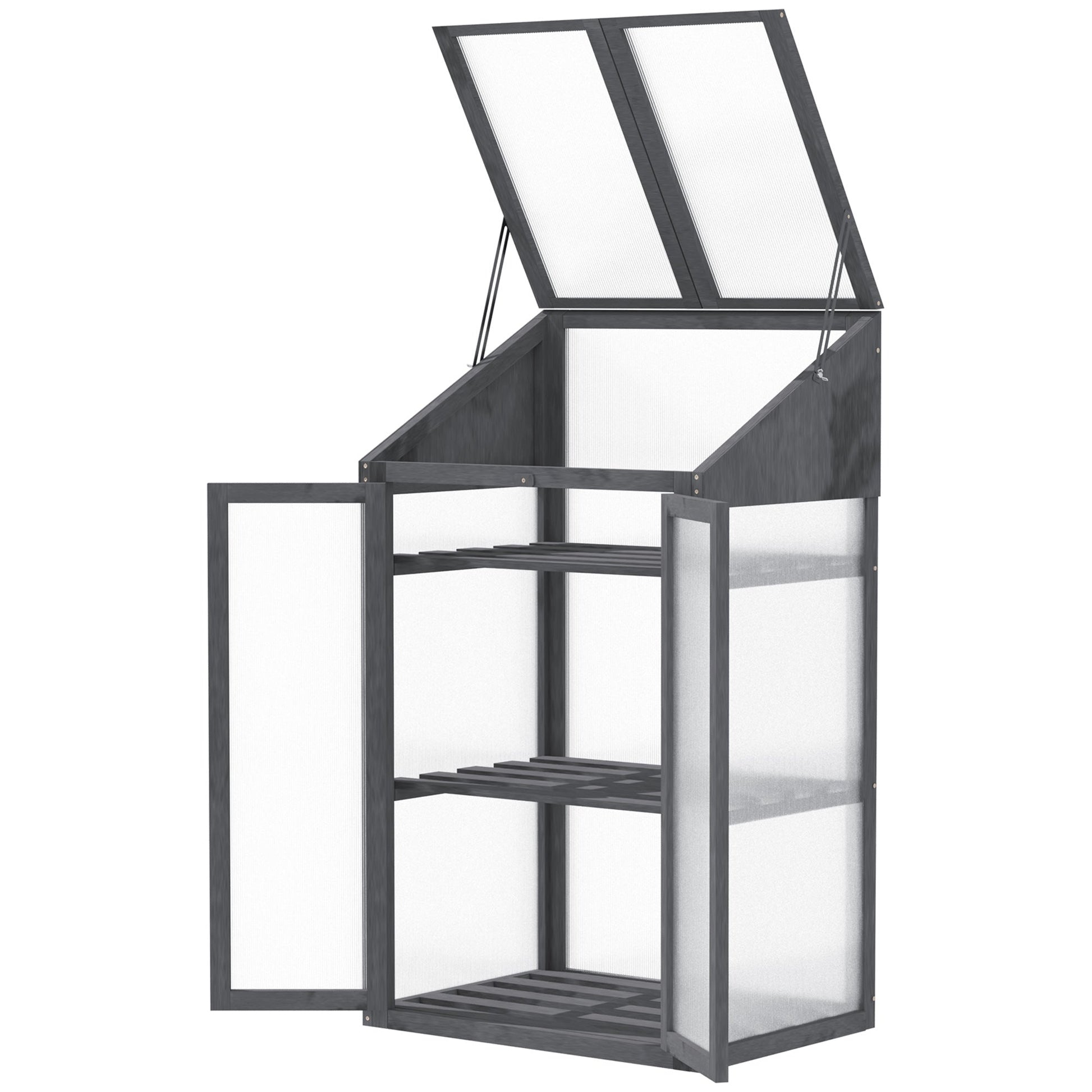 Wooden Cold Frame Polycarbonate Greenhouse with Openable Top Cover and Double Door, Grow House for Flower, Vegetable and Plants, 70 x 50 x 120cm, Grey