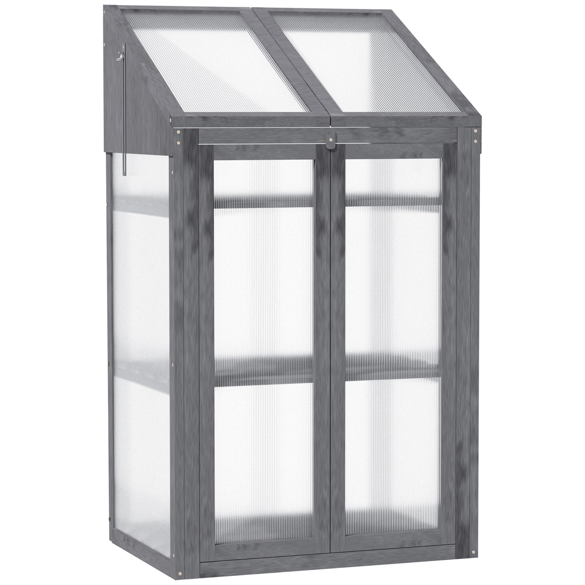 Wooden Cold Frame Polycarbonate Greenhouse with Openable Top Cover and Double Door, Grow House for Flower, Vegetable and Plants, 70 x 50 x 120cm, Grey
