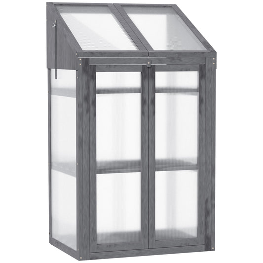 Wooden Cold Frame Polycarbonate Greenhouse with Openable Top Cover and Double Door, Grow House for Flower, Vegetable and Plants, 70 x 50 x 120cm, Grey