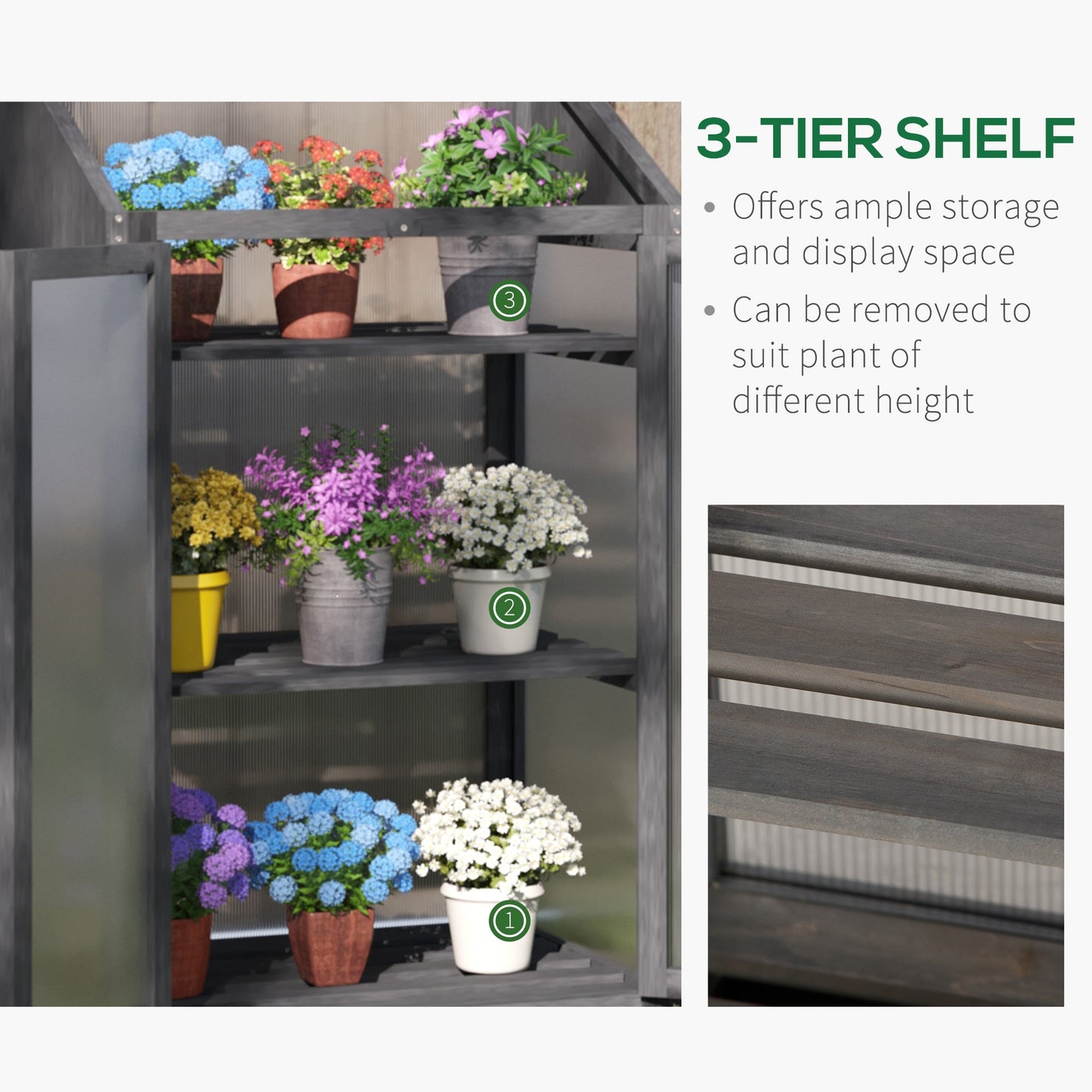 Wooden Cold Frame Polycarbonate Greenhouse with Openable Top Cover and Double Door, Grow House for Flower, Vegetable and Plants, 70 x 50 x 120cm, Grey