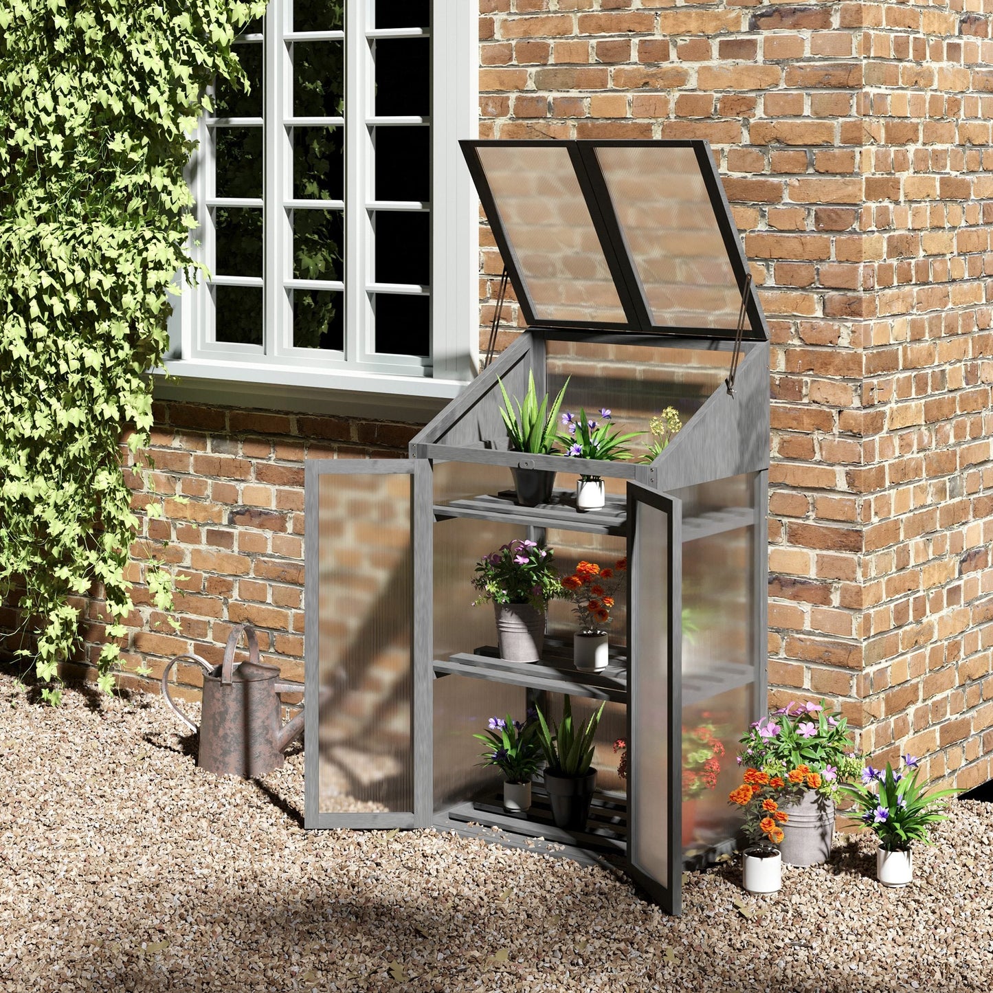 Wooden Cold Frame Polycarbonate Greenhouse with Openable Top Cover and Double Door, Grow House for Flower, Vegetable and Plants, 70 x 50 x 120cm, Grey
