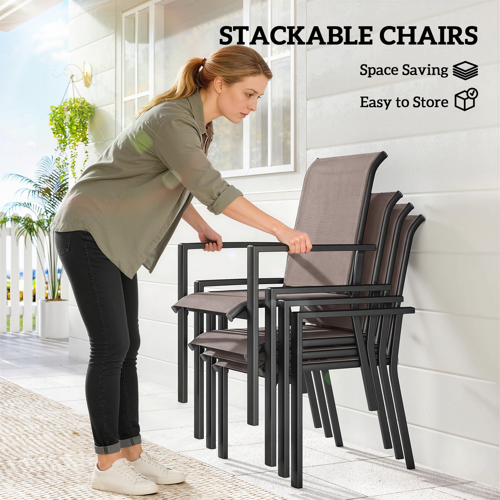 5 Pieces Garden Dining Set for 4, Patio Table and Stackable Chairs with Breathable Mesh Seat and Parasol Hole, Garden Furniture Set with Steel Frame for Garden, Grey and Khaki