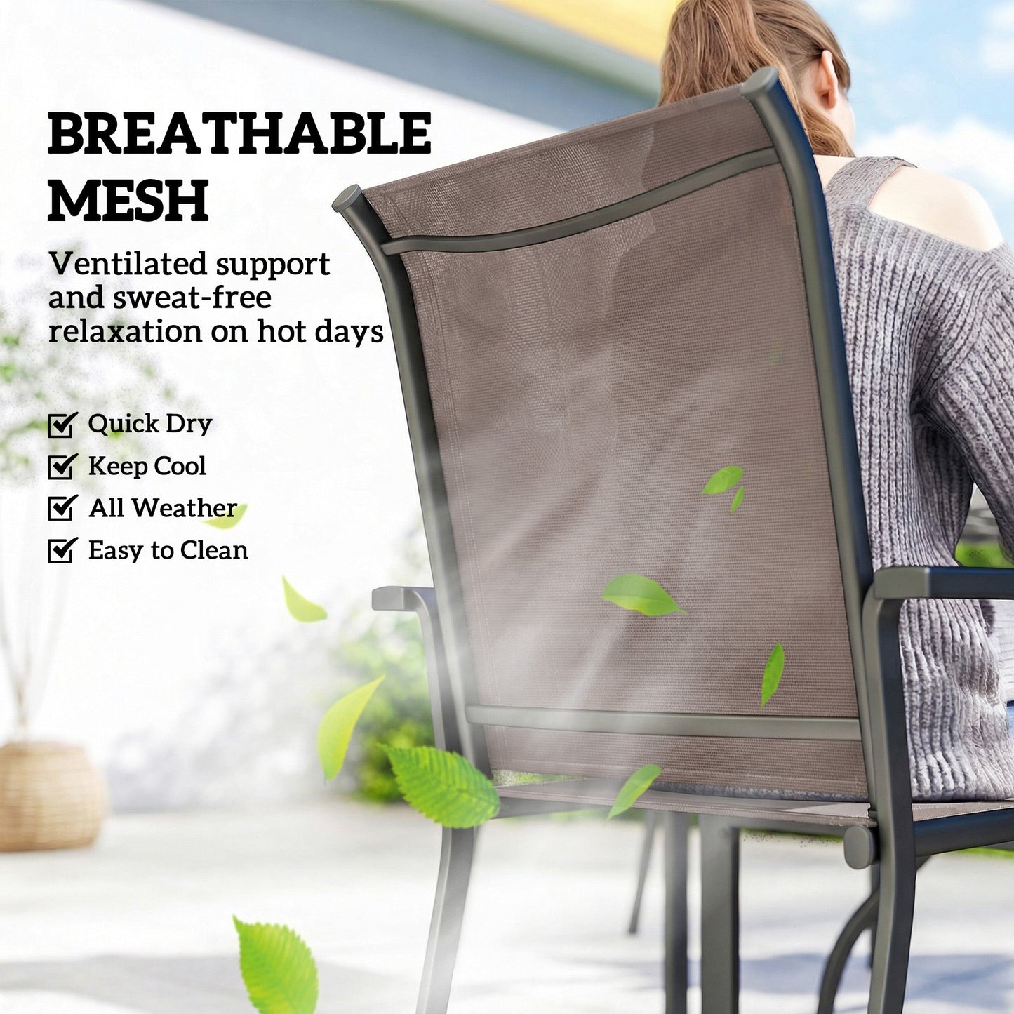 5 Pieces Garden Dining Set for 4, Patio Table and Stackable Chairs with Breathable Mesh Seat and Parasol Hole, Garden Furniture Set with Steel Frame for Garden, Grey and Khaki