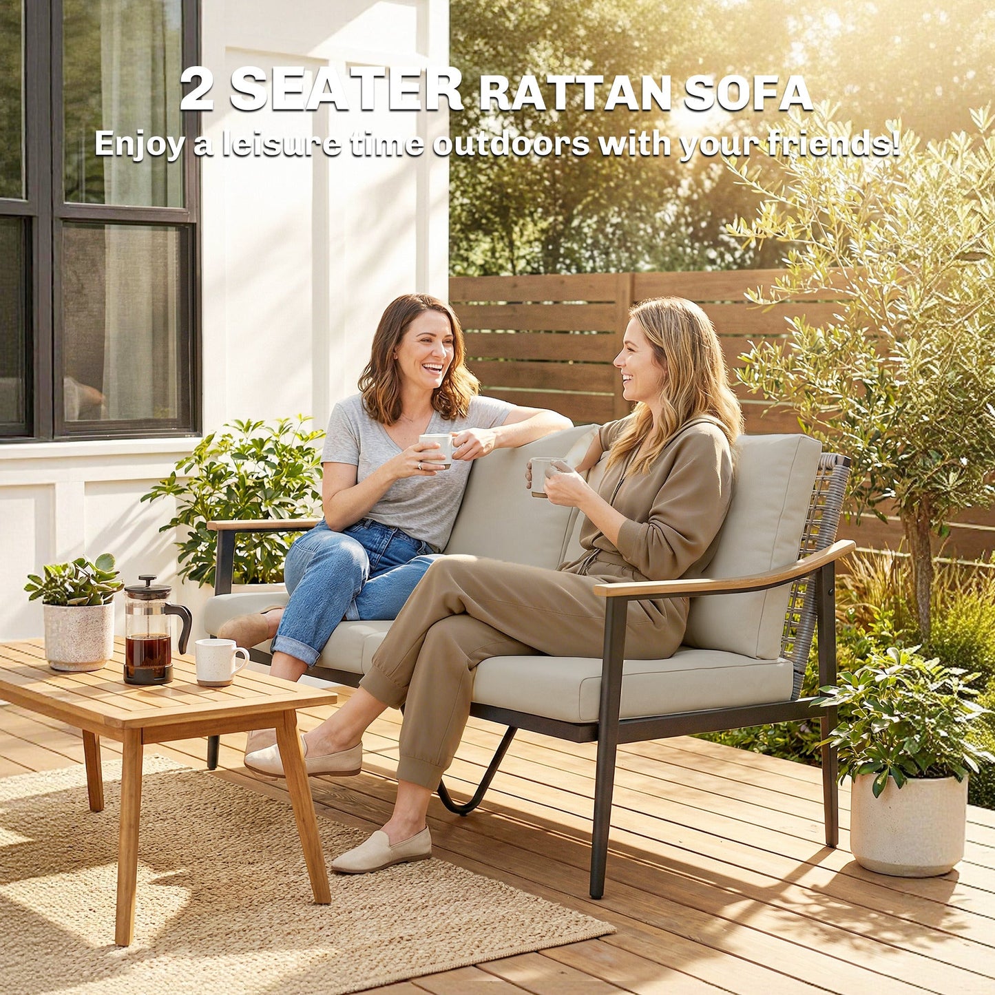 2 Seater Rattan Sofa, Outdoor Garden Sofa with Wood-Effect Armrests, PE Rattan Garden Furniture with Cushions, Steel Frame for Porch, Patio, Balcony, Khaki