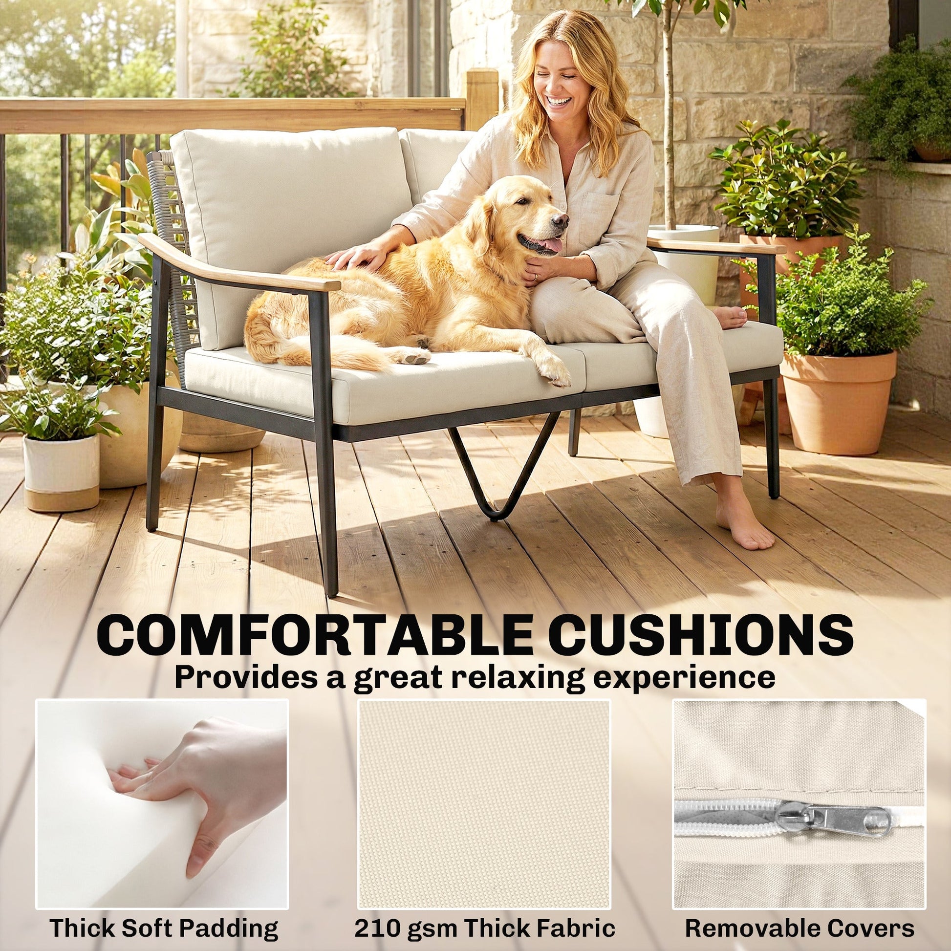 2 Seater Rattan Sofa, Outdoor Garden Sofa with Wood-Effect Armrests, PE Rattan Garden Furniture with Cushions, Steel Frame for Porch, Patio, Balcony, Khaki