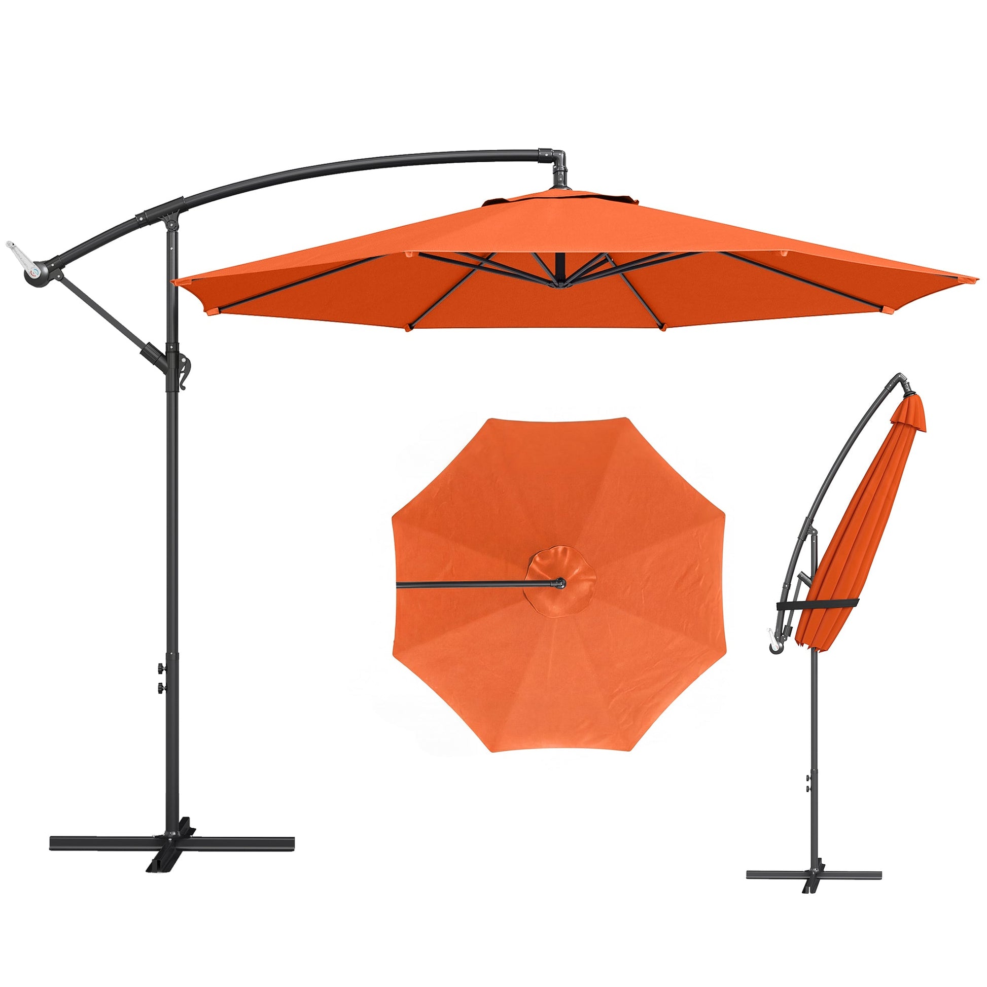 3(m) Garden Banana Parasol Hanging Cantilever Umbrella with Crank Handle, 8 Ribs and Cross Base for Outdoor, Sun Shade, Orange