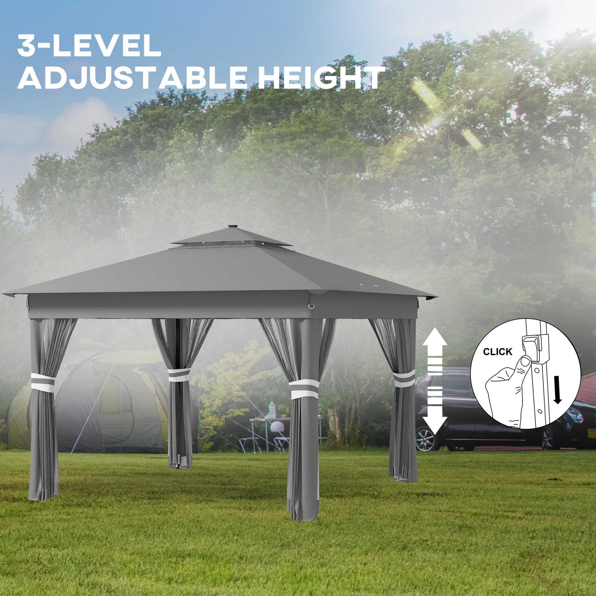 3 x 3(m) Pop Up Gazebo with Sides, 20 Solar-Powered LED Lights, Netting, Roller Bag, 4 Weight Bags, Marquee Party Tent, Height Adjustable Instant Event Shelter, Grey