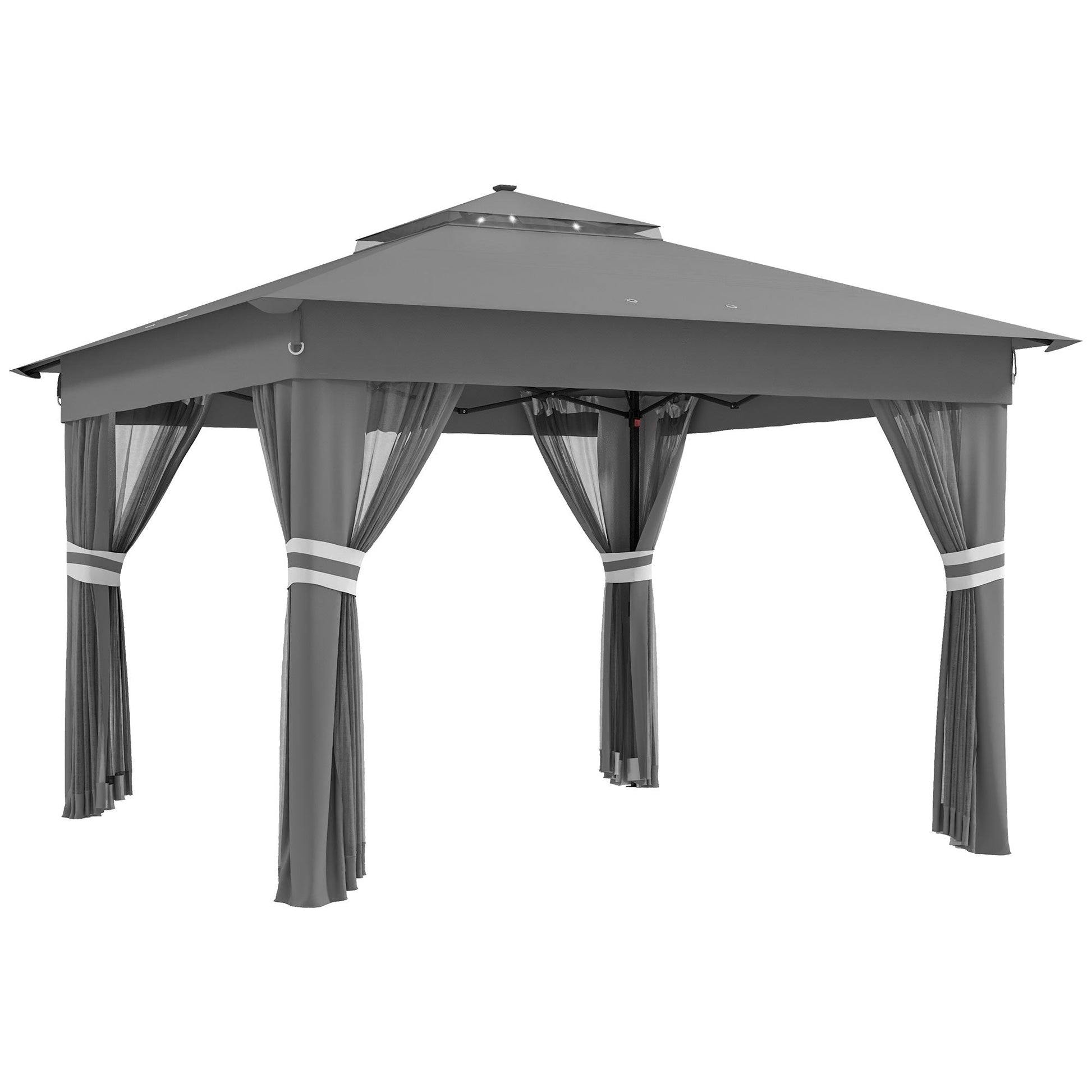 3 x 3(m) Pop Up Gazebo with Sides, 20 Solar-Powered LED Lights, Netting, Roller Bag, 4 Weight Bags, Marquee Party Tent, Height Adjustable Instant Event Shelter, Grey