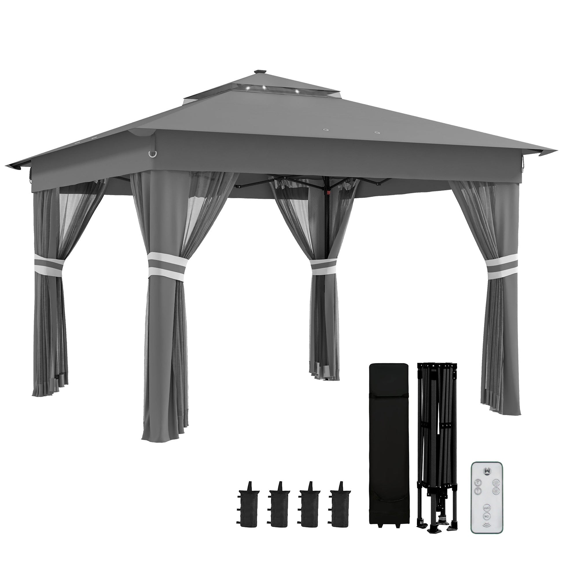 3 x 3(m) Pop Up Gazebo with Sides, 20 Solar-Powered LED Lights, Netting, Roller Bag, 4 Weight Bags, Marquee Party Tent, Height Adjustable Instant Event Shelter, Grey