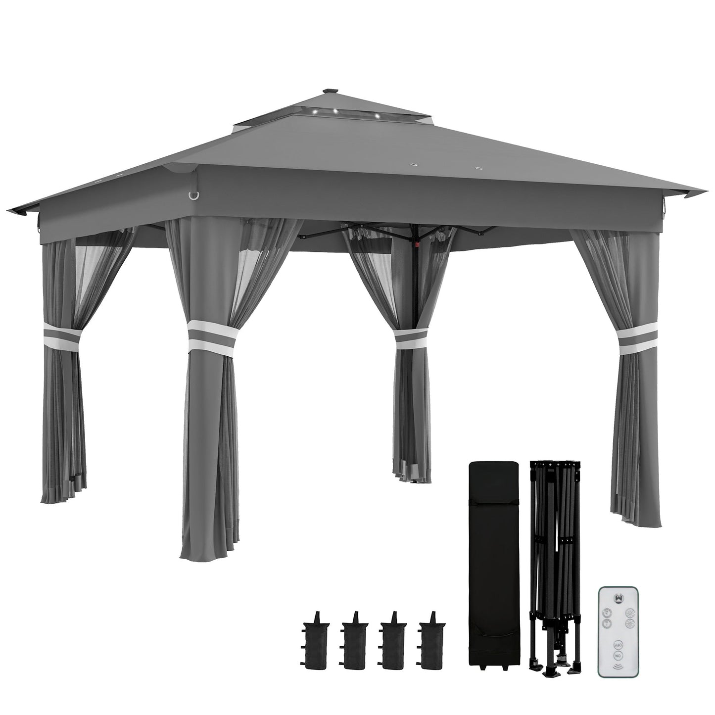 3 x 3(m) Pop Up Gazebo with Sides, 20 Solar-Powered LED Lights, Netting, Roller Bag, 4 Weight Bags, Marquee Party Tent, Height Adjustable Instant Event Shelter, Grey