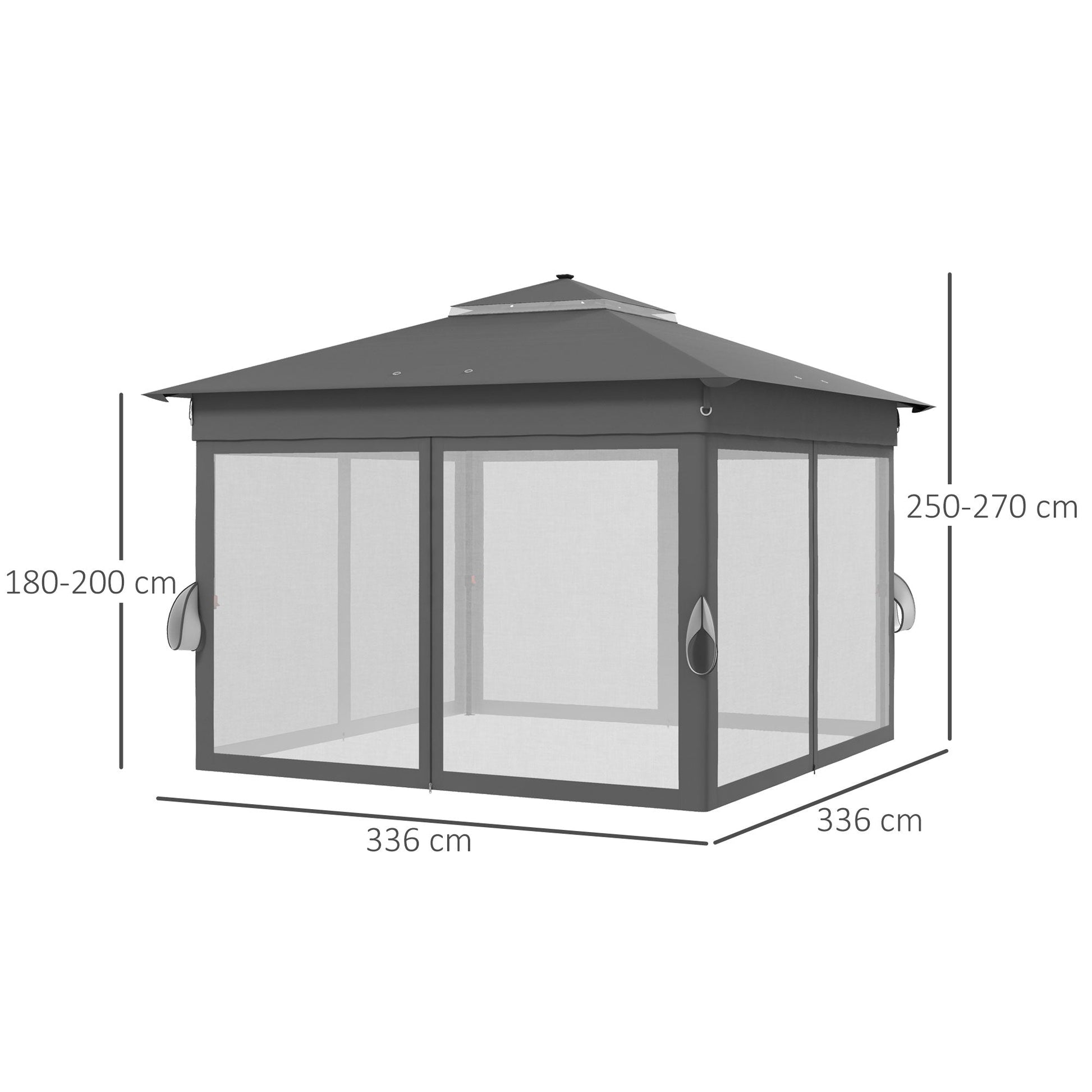 3 x 3(m) Pop Up Gazebo with Sides, 20 Solar-Powered LED Lights, Netting, Roller Bag, 4 Weight Bags, Marquee Party Tent, Height Adjustable Instant Event Shelter, Grey