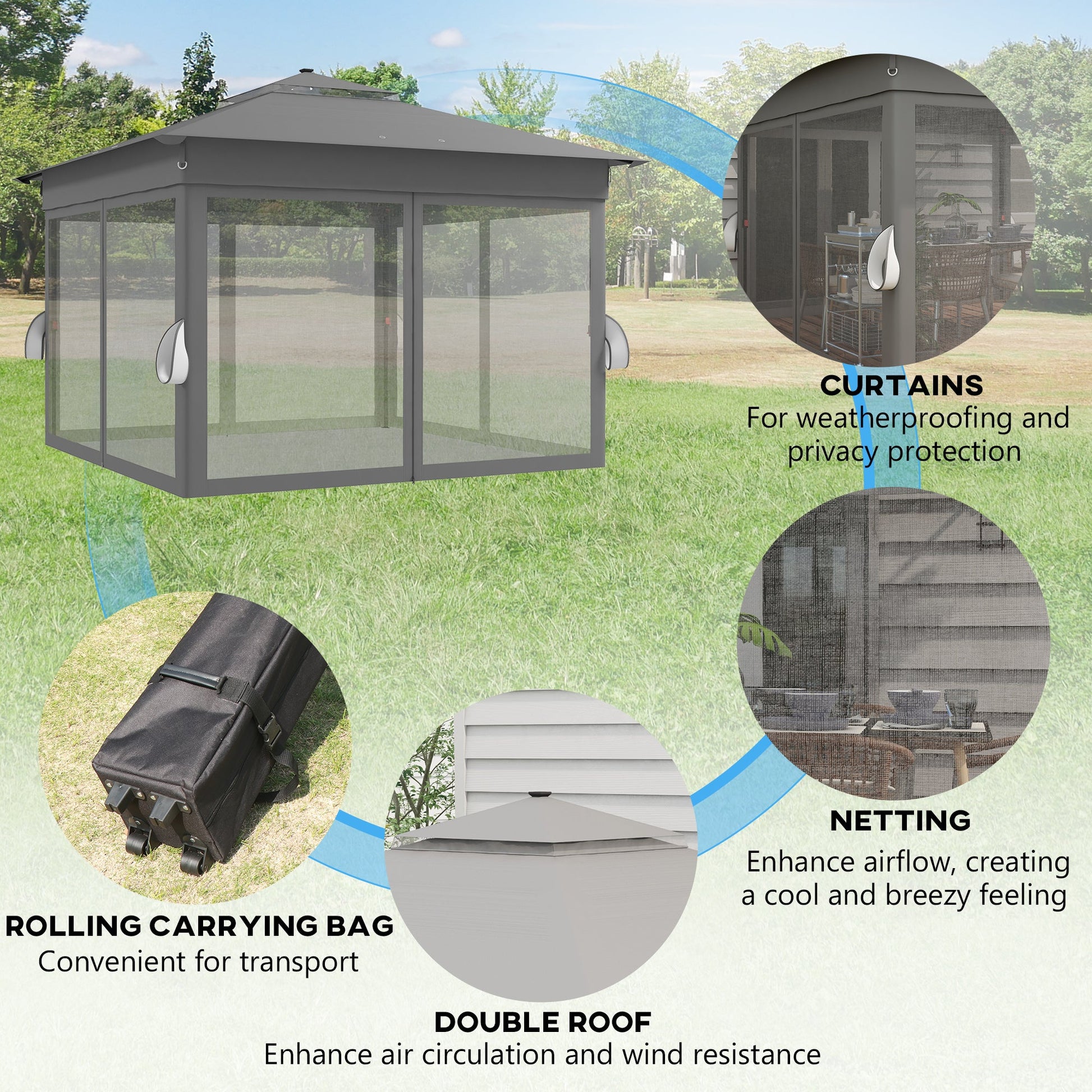 3 x 3(m) Pop Up Gazebo with Sides, 20 Solar-Powered LED Lights, Netting, Roller Bag, 4 Weight Bags, Marquee Party Tent, Height Adjustable Instant Event Shelter, Grey