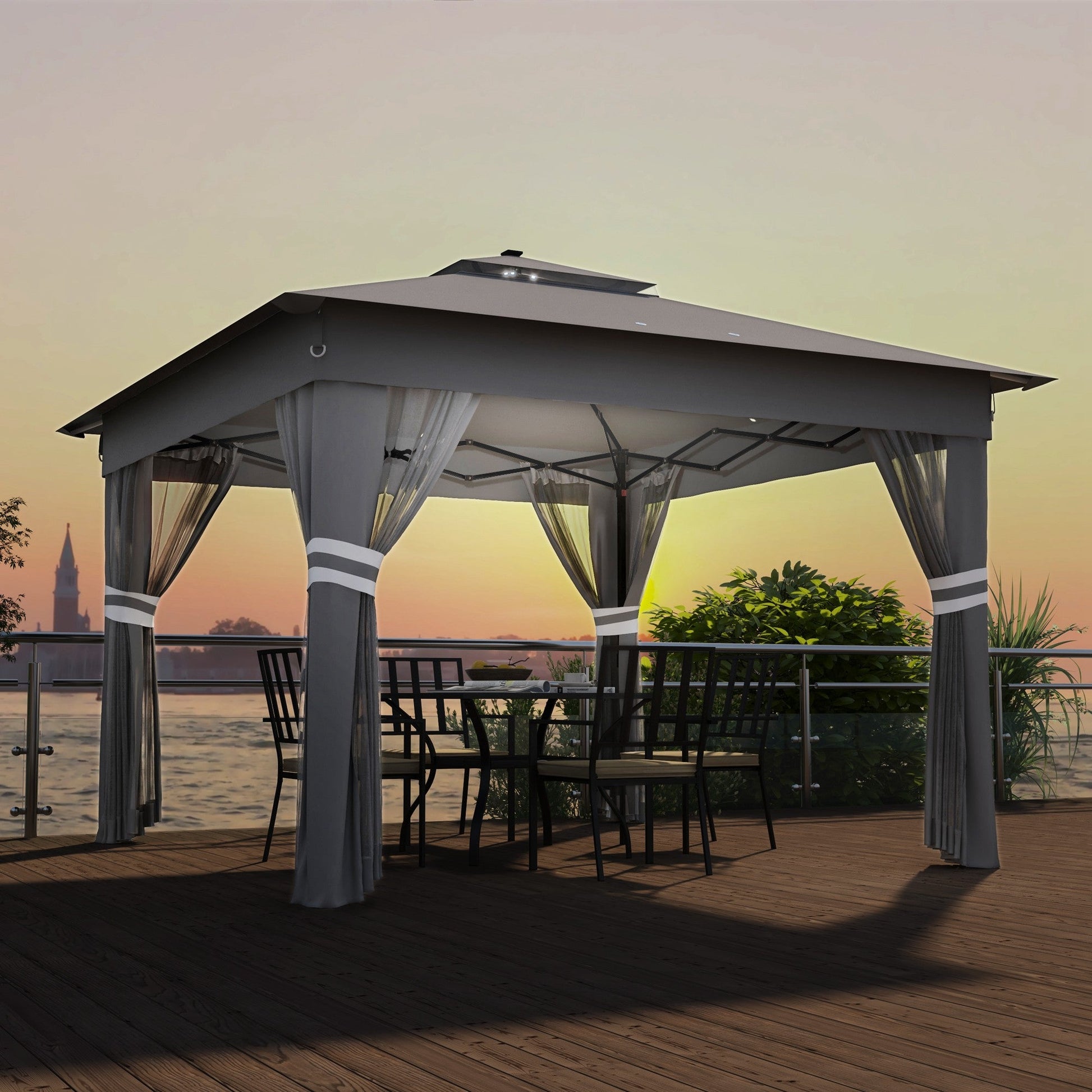 3 x 3(m) Pop Up Gazebo with Sides, 20 Solar-Powered LED Lights, Netting, Roller Bag, 4 Weight Bags, Marquee Party Tent, Height Adjustable Instant Event Shelter, Grey