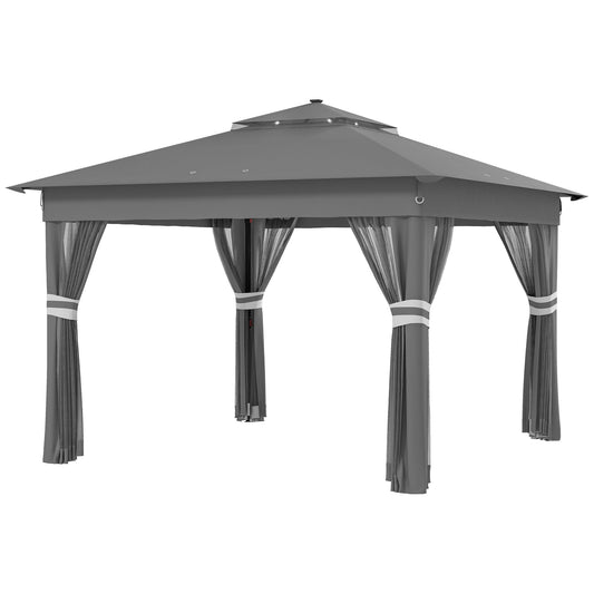 3 x 3(m) Pop Up Gazebo with Sides, 20 Solar-Powered LED Lights, Netting, Roller Bag, 4 Weight Bags, Marquee Party Tent, Height Adjustable Instant Event Shelter, Grey