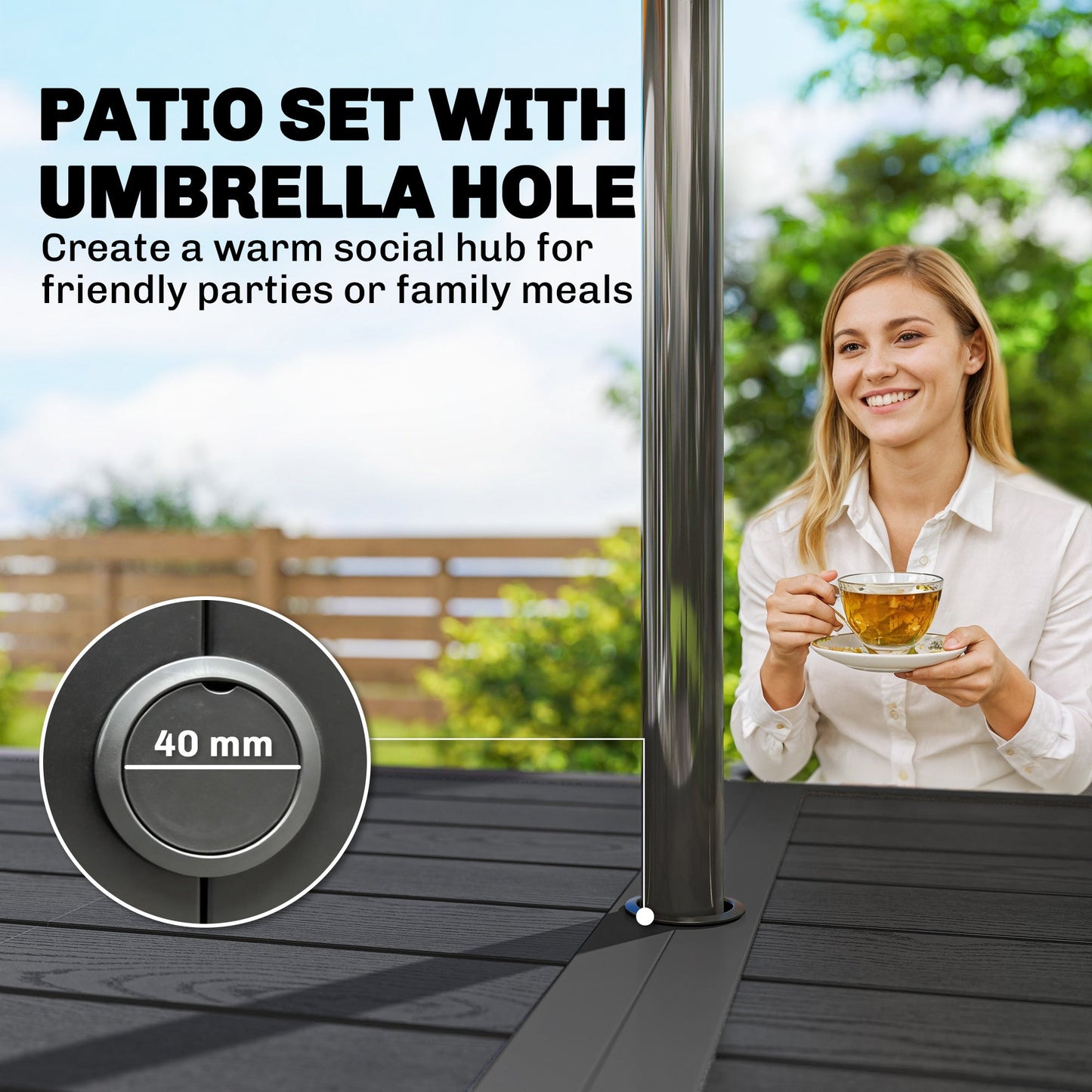 7 Pieces Garden Dining Set, Garden Table and Chairs Set 6 with Faux Rattan Stackable Chairs, Wood Effect Metal Top Table, Umbrella Hole, Outdoor Furniture for Patio Porch Terrace, Black