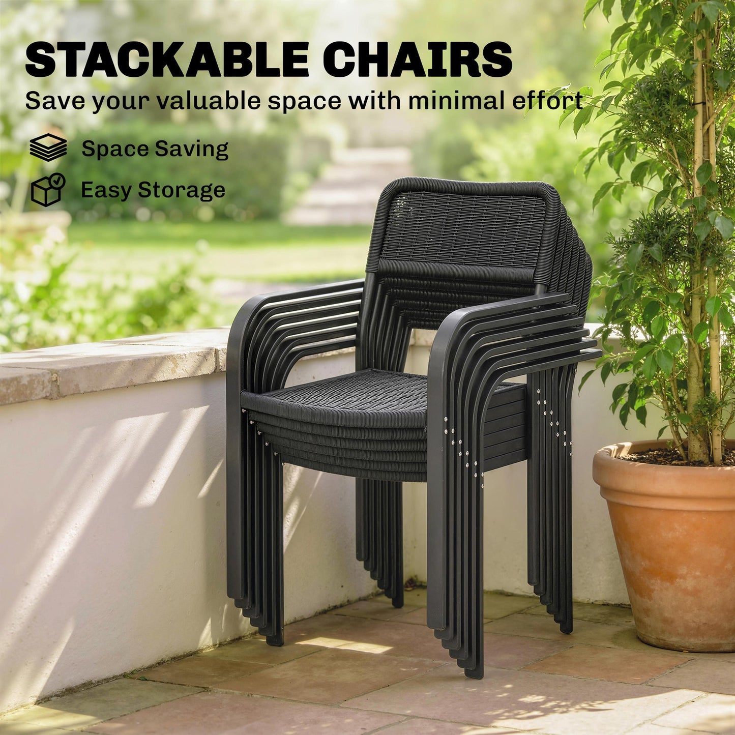 7 Pieces Garden Dining Set, Garden Table and Chairs Set 6 with Faux Rattan Stackable Chairs, Wood Effect Metal Top Table, Umbrella Hole, Outdoor Furniture for Patio Porch Terrace, Black