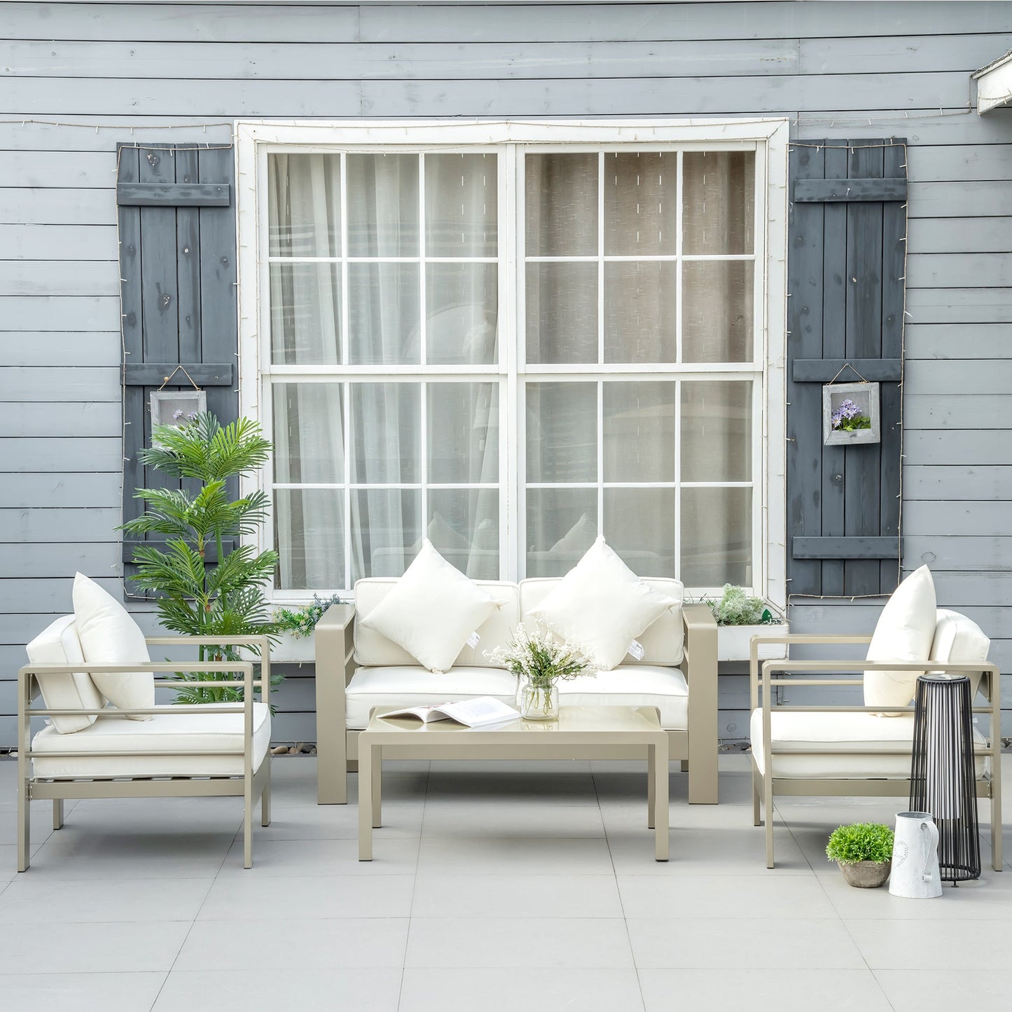 4 Pieces Outdoor Garden Furniture Set, Aluminium Frame Backyard Furniture w/ Thick Padded Cushioned Loveseat, 2 Chairs, and Glass Top Table, Champagne Gold